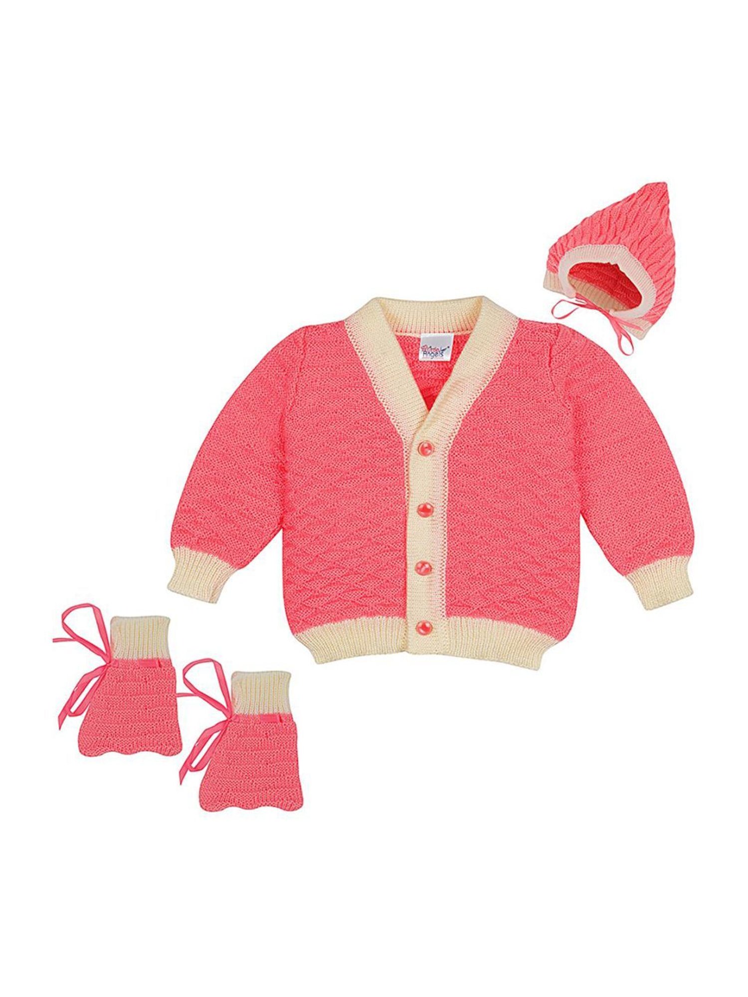 Little Angels Kids Pink & Cream Textured Pattern Full Sleeves Sweater Set
