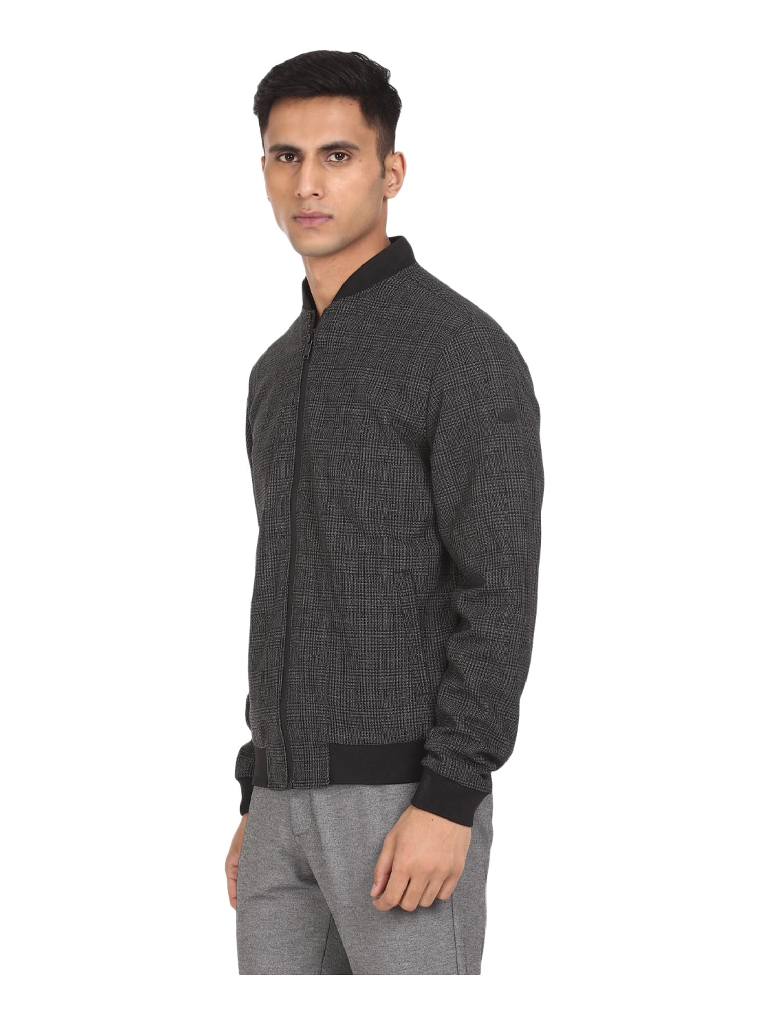 Men Grey Stand Collar Check Jacket