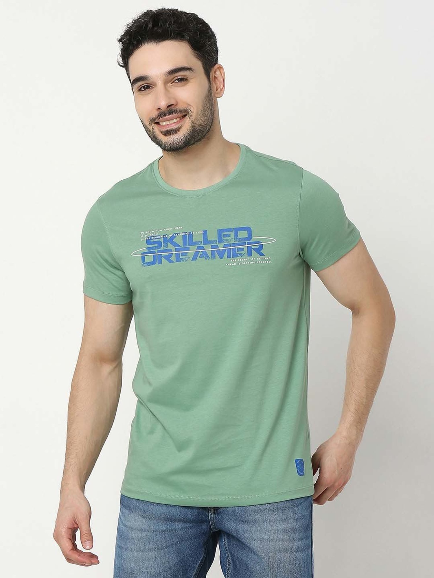 UnderJeans by Spykar Green Regular Fit Printed Cotton Crew T-Shirt