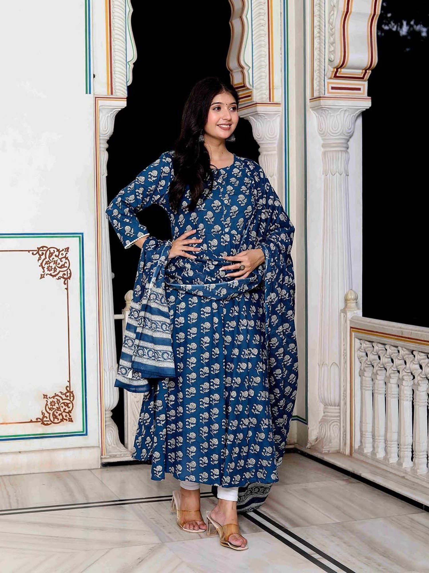 Miravan Blue Floral Print Anarkali Kurta With Dupatta