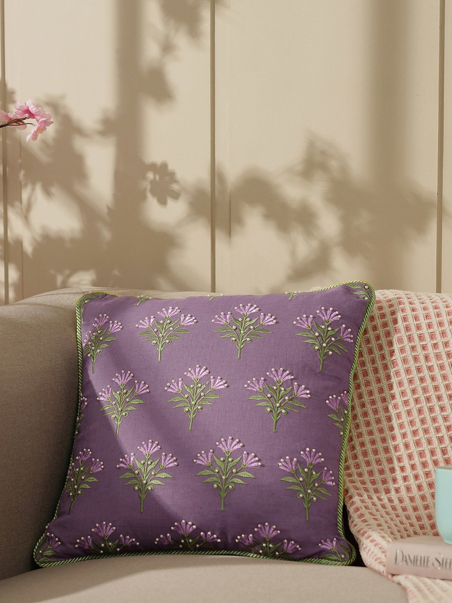 Pure Home and Living Purple Linen Embroidery Cushion Covers