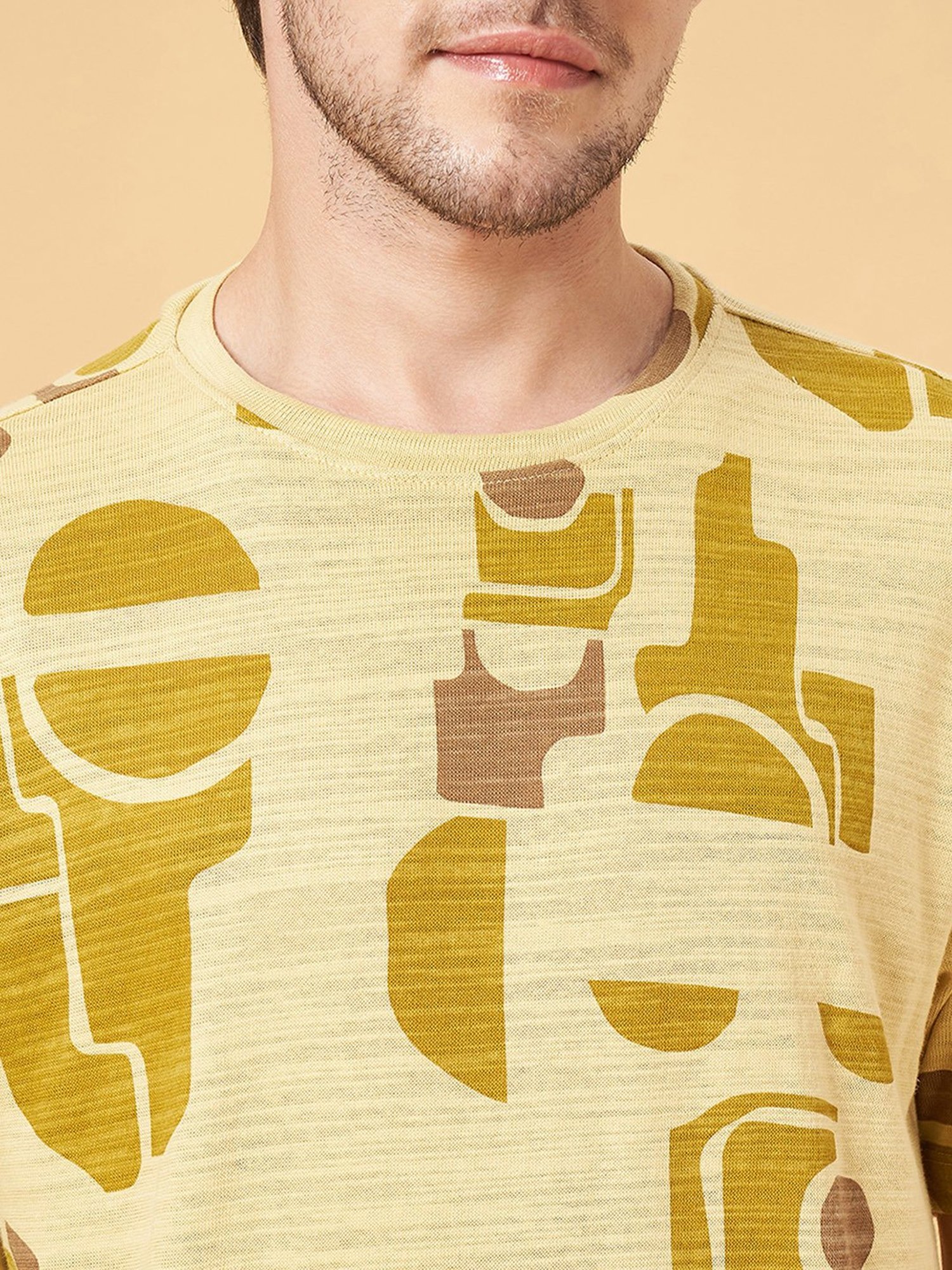 7 Alt by Pantaloons Mustard Relaxed Fit Printed Crew T-Shirt