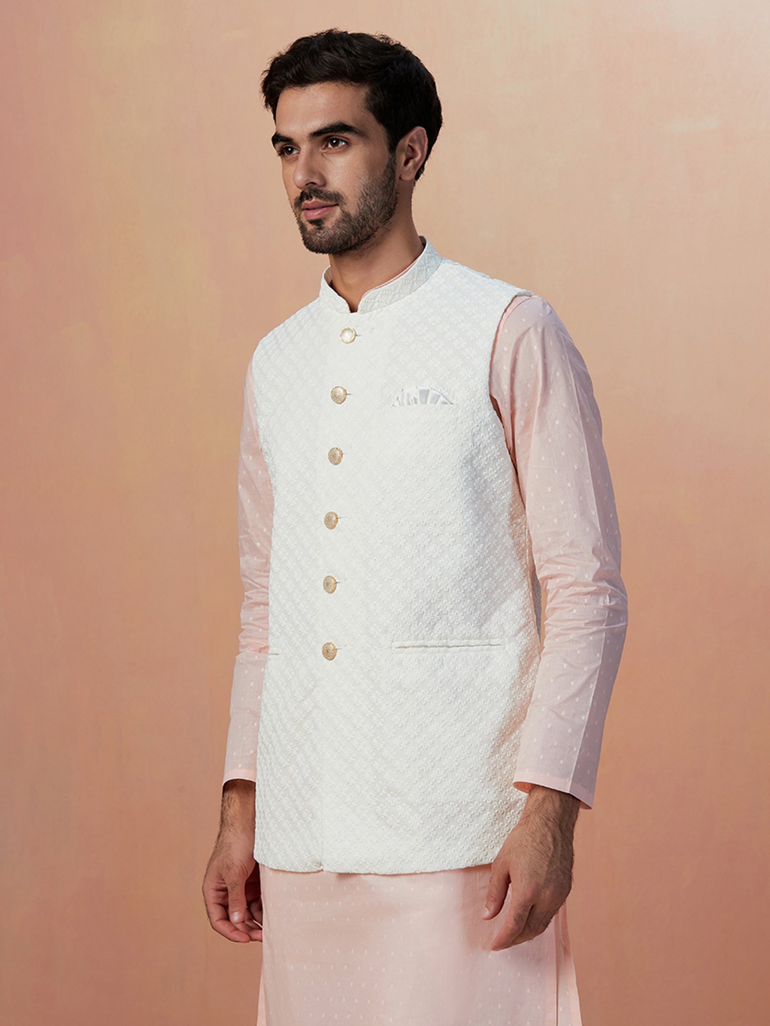 Manyavar Light Beige Regular Fit Embroidered Nehru Jacket