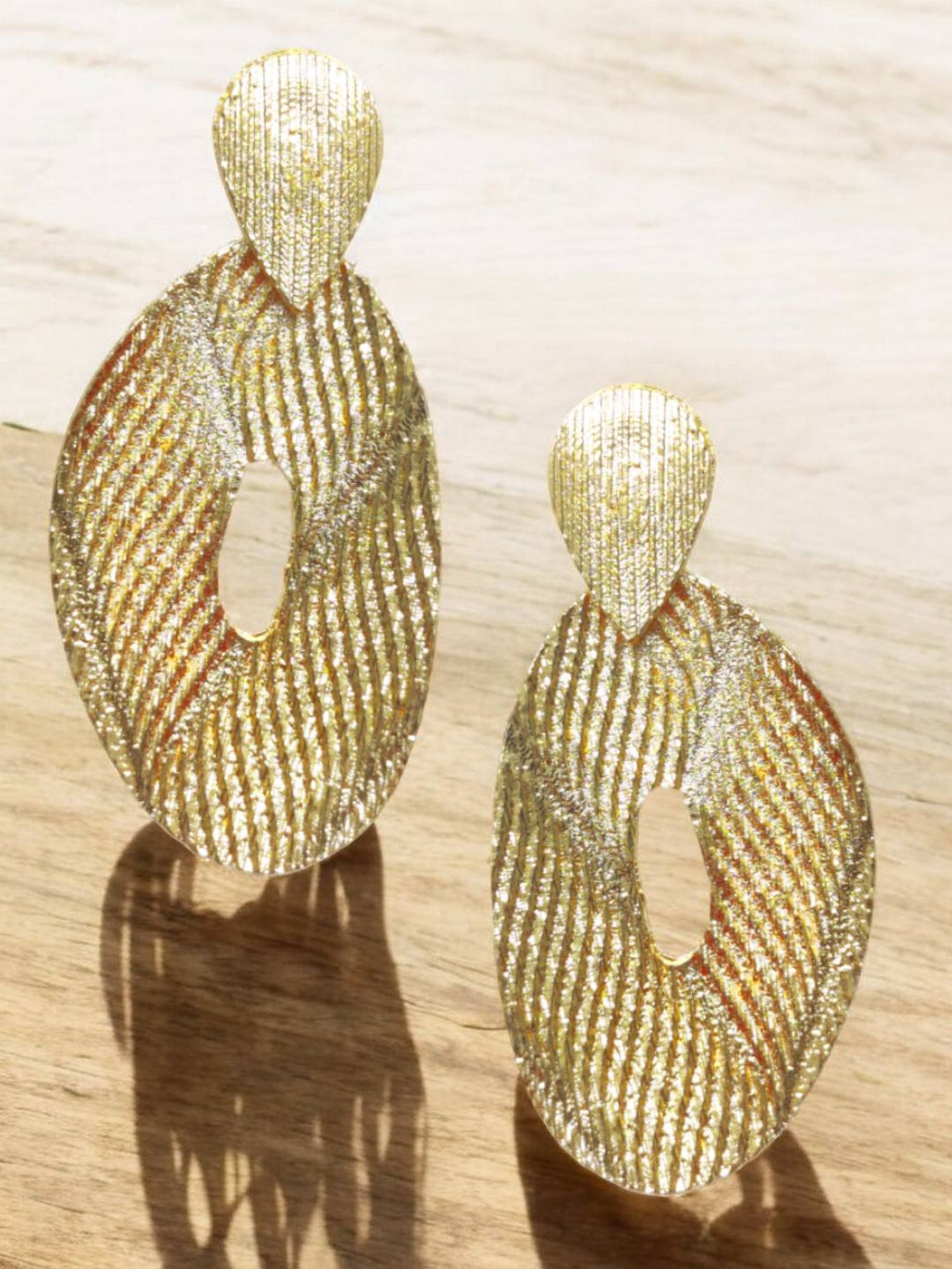 OOMPH Gold Large Textured Oval Shape Bold Look Dangler Earrings