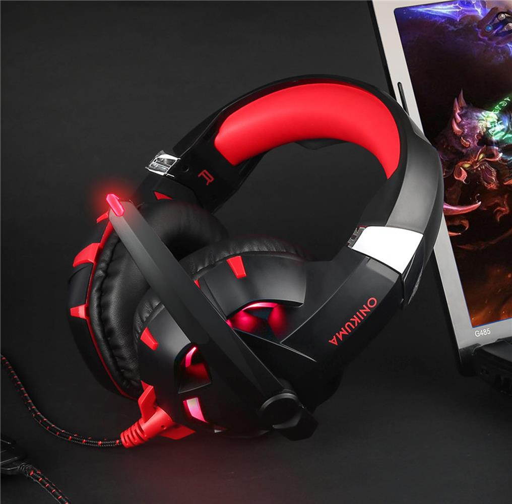 ONIKUMA K2 USB Headset 7.1 Channel Sound Stereo Gaming Headphones Deep Bass Game Headsets with Microphone LED for Computer PC - Black & Red