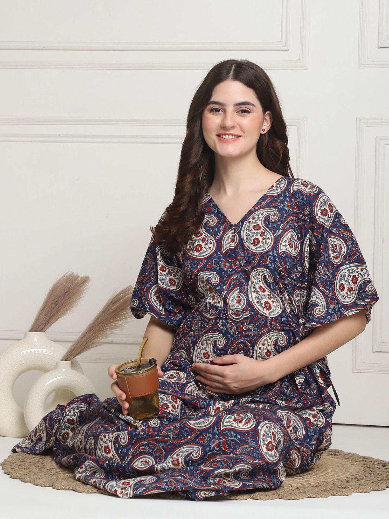 Secret Wish Blue Printed Maternity Kaftan Night Dress