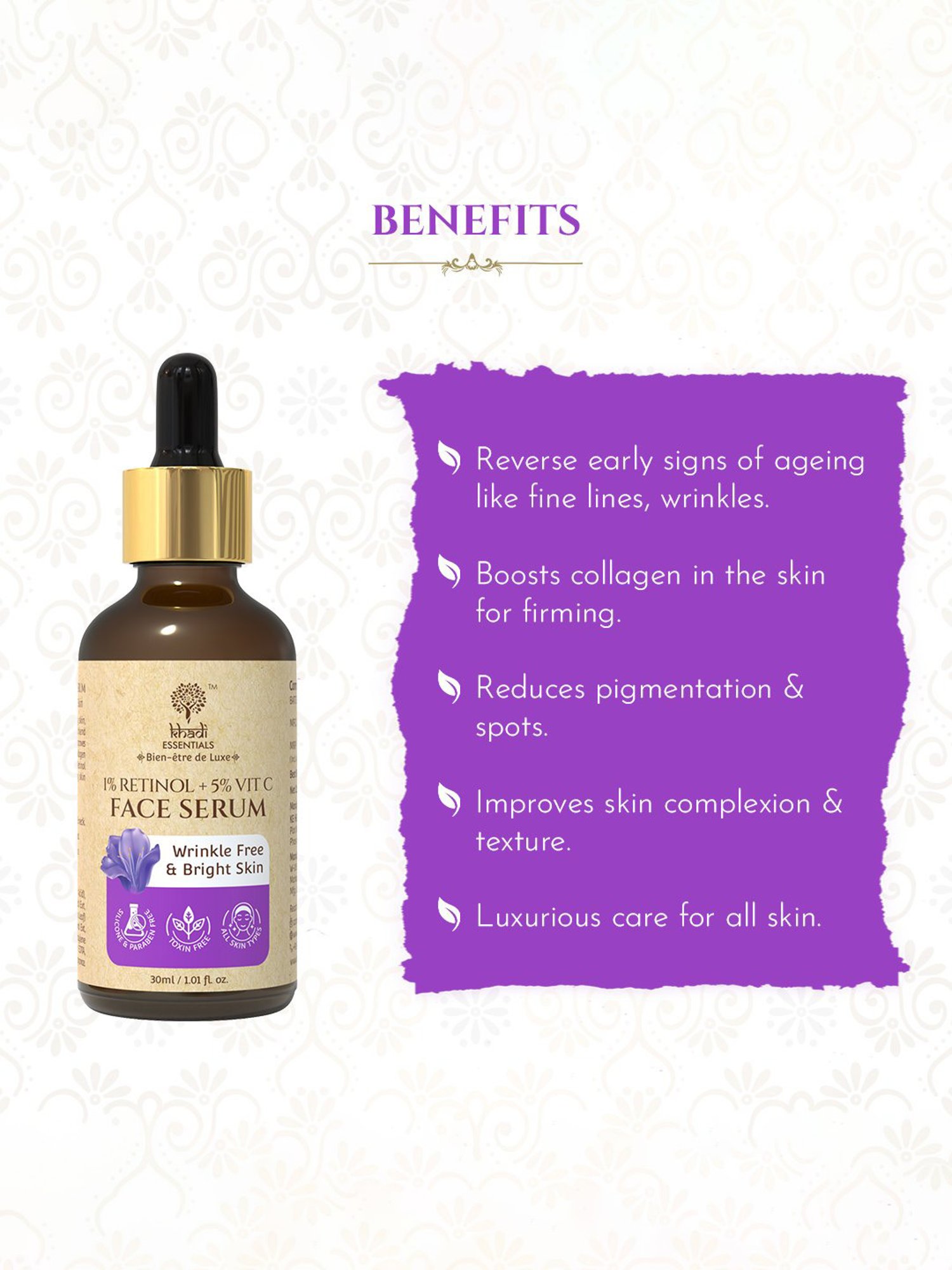 Khadi Essentials 1% Retinol + 5% Vitamin C Face Serum with Bakuchi for Men & Women - 30 ml