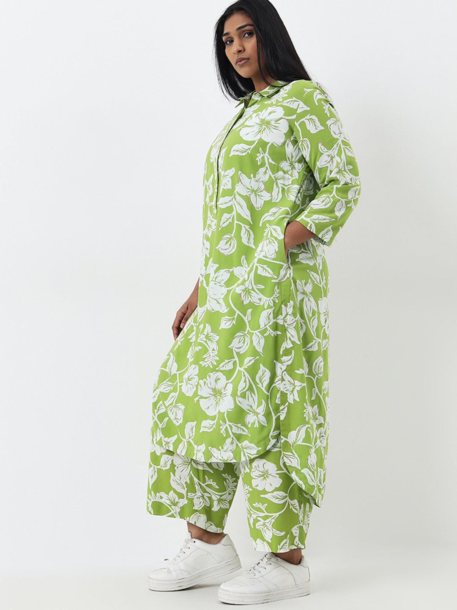 Diza by Westside Green Floral Patterned A-Line Cotton Kurta