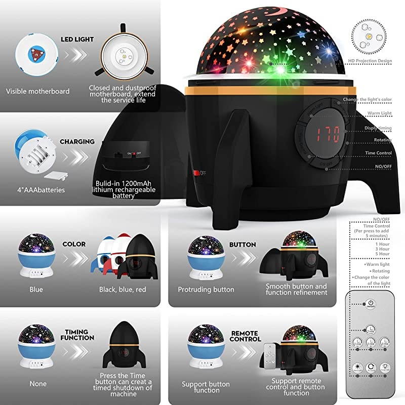 Star Night Light Projector Sky Star ProjectorNight Lighting lamp with Remote ControlampTimer DesignampRotatingBirthday Christmas Gifts for Baby and KidsBedroomLiving RoomRocketBlack