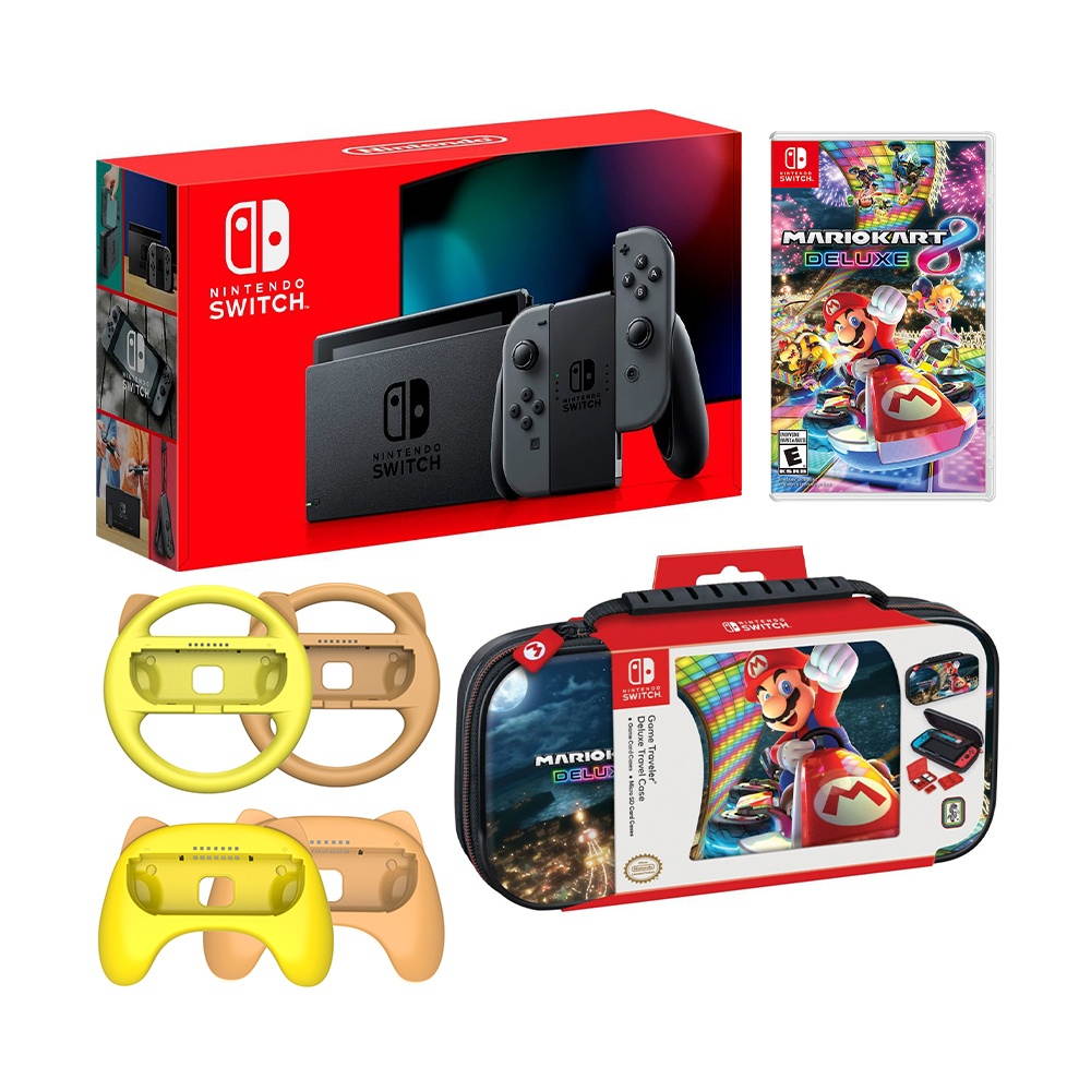 Nintendo Switch Mario Kart 8 Deluxe Bundle: Gray Joy-Con Improved Battery Life 32GB Console, Joy-Con Grip Set of 4, Mario Kart 8 Deluxe Game Disc and Travel Case