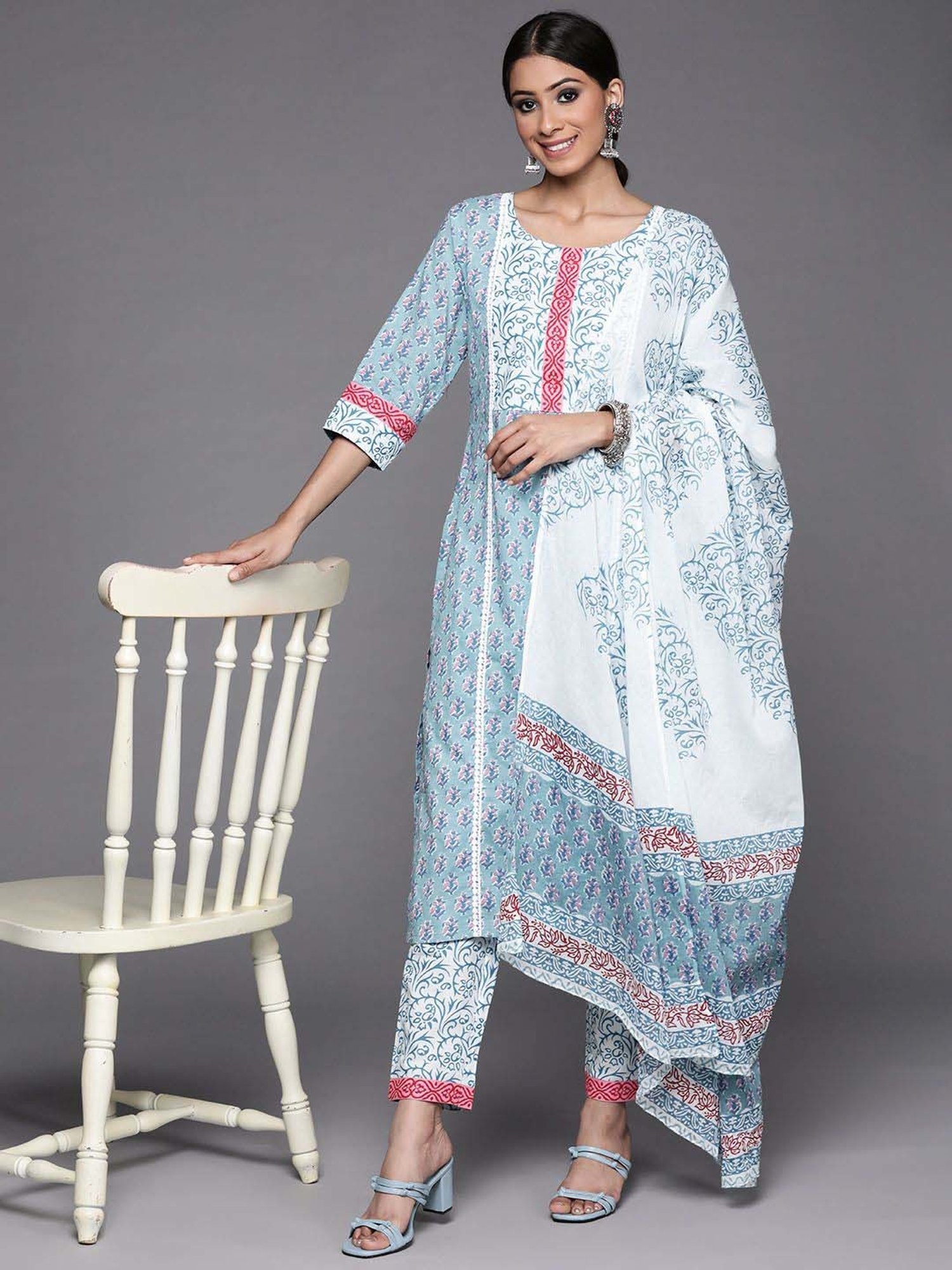 Libas Blue Cotton Printed Kurta Pant Set With Dupatta