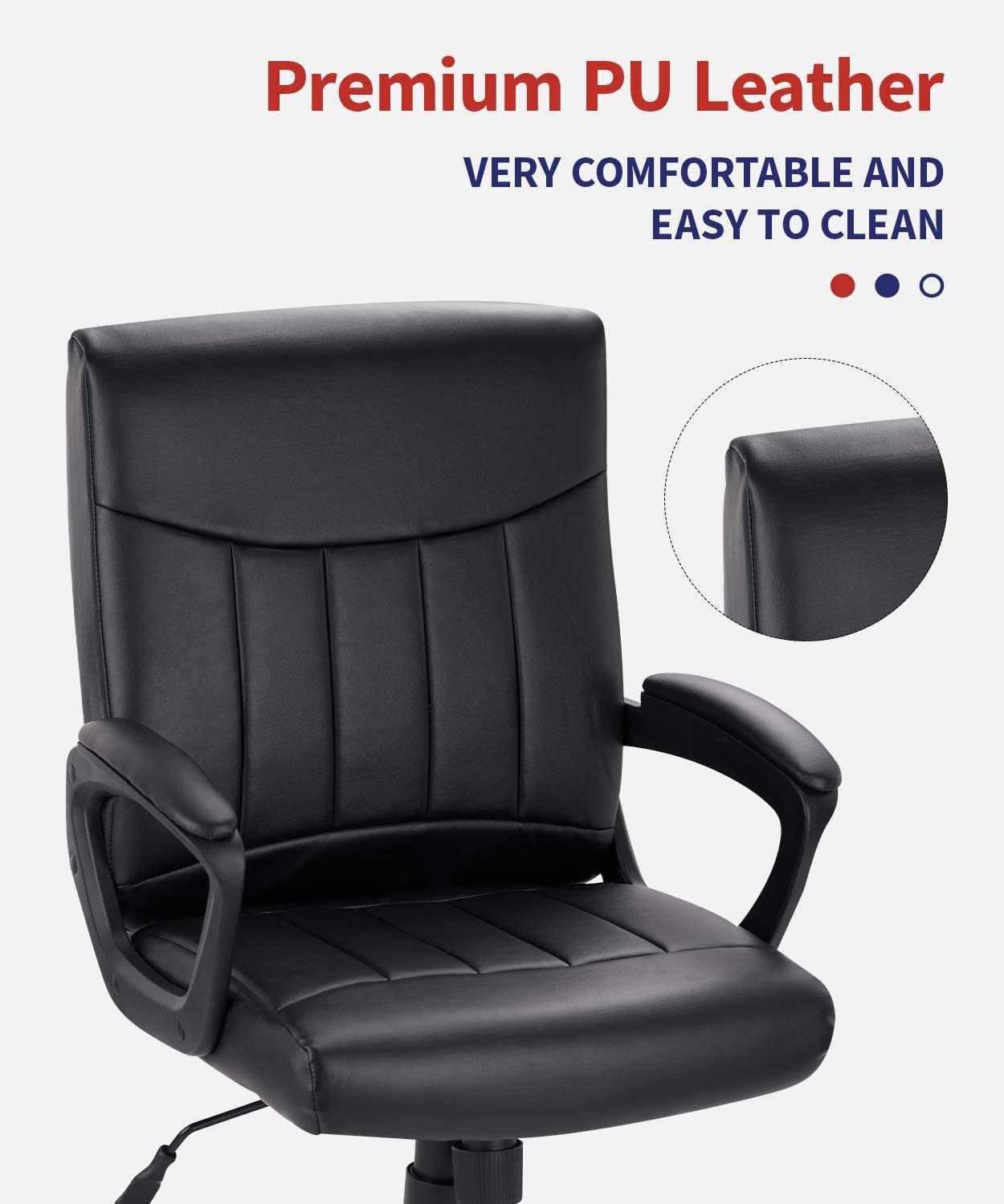 Mid Back Leather Office Executive Chair with Lumbar Support and Padded Armrestes Swivel Adjustable Ergonomic Design for Home Computer Desk