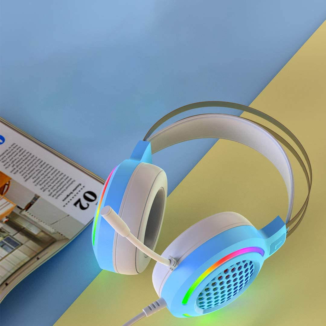 Gaming Headset with 7.1 Surround Sound,PC Lightweight Headset with Noise Canceling Mic,Bass Surround,Soft Memory Earmuffs,Rainbow LED Backlit for PC,PS4,Xbox One Controller(Adapter Not Included)(Pink)