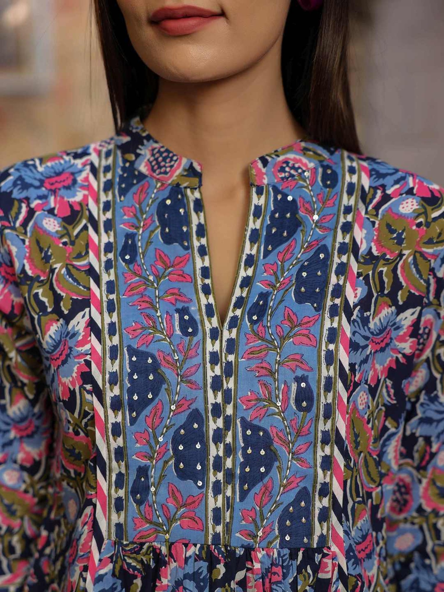 Rain and Rainbow Blue Cotton Floral Print Top