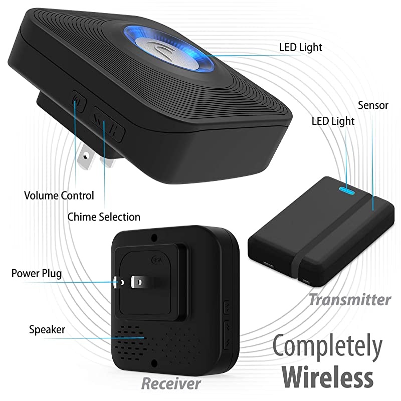 WaveLink 51009HOM Wireless Door Open Chime 500FT 58 Tunes 4 Volume Levels LED Indicators 1 Magnetic Door Entry Alert Security Contact Sensor 1 Wireless Doorbell Plugin Receiver