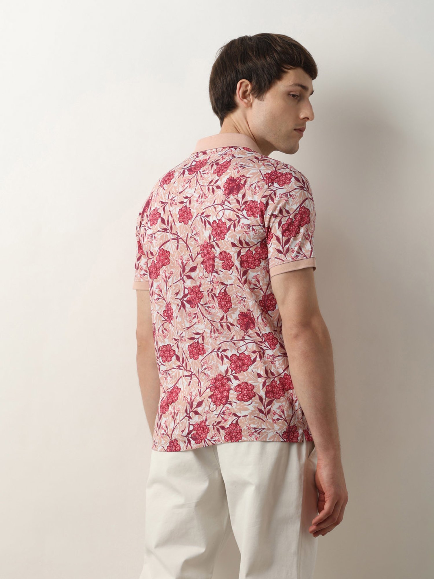 SELECTED HOMME Pink Slim Fit Floral Print Cotton Polo T-Shirt