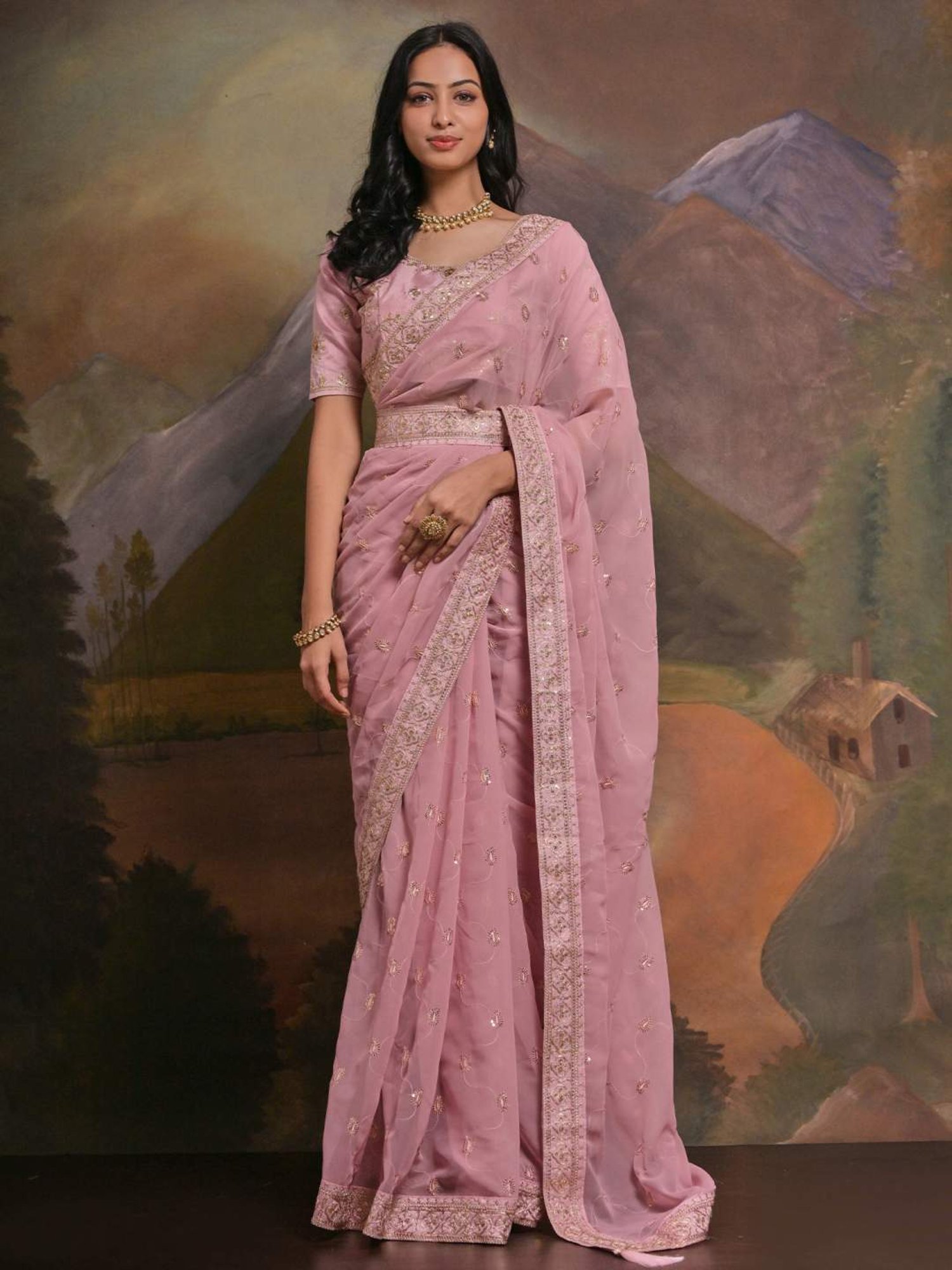 Saree Mall Pink Embroidered Saree With Unstitched Blouse