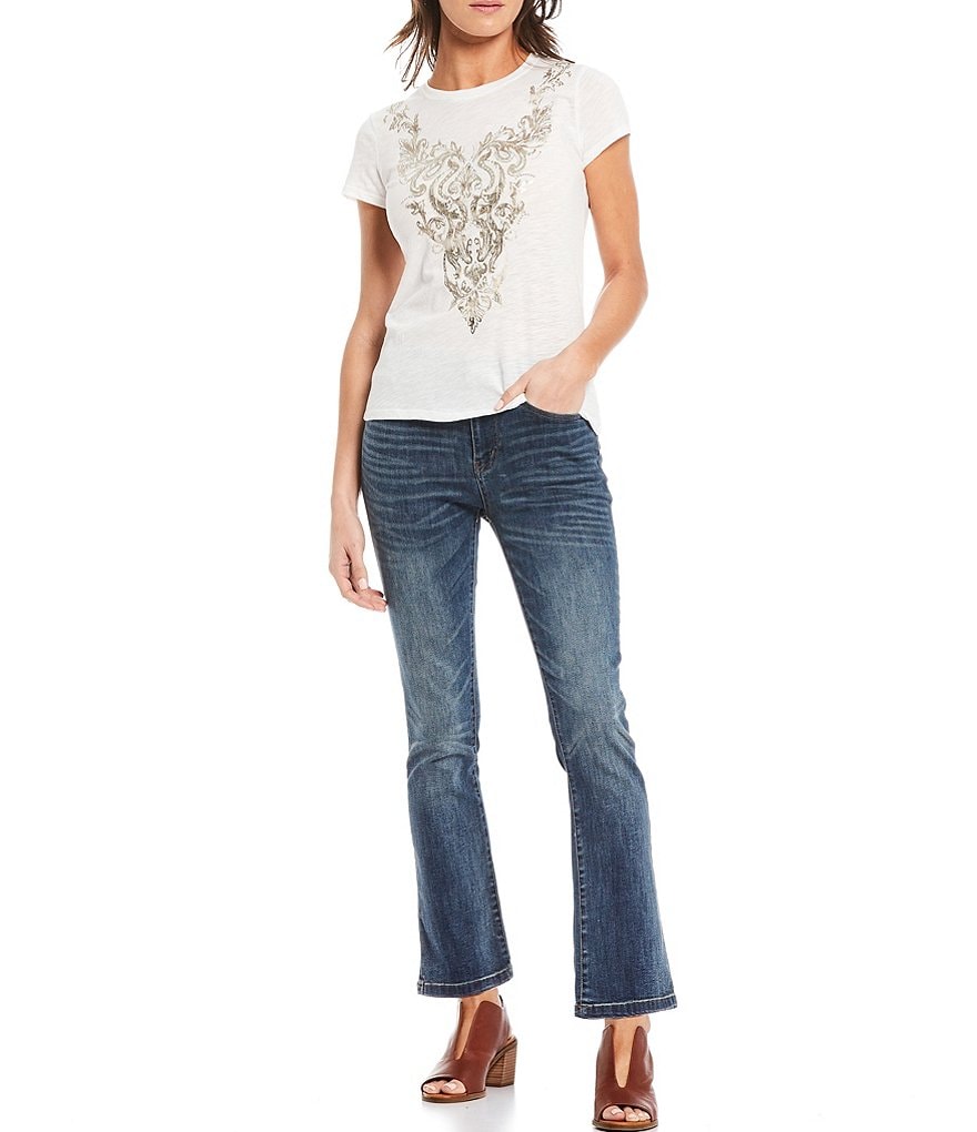 Reba Embellished Sequin and Stud Crew Neck Short Sleeve Slub Jersey Knit Tee