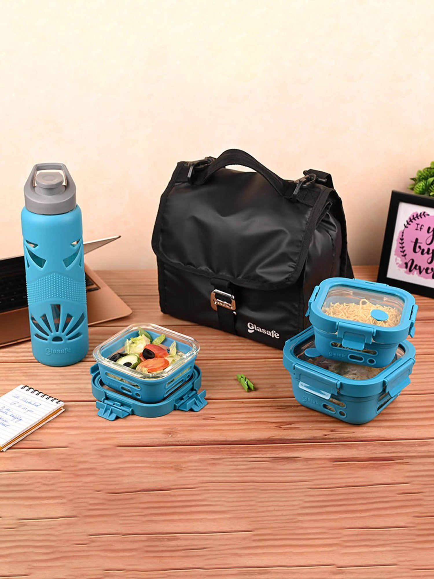 Glasafe Trio Grip Tranquil Teal Borosilicate Tiffin Combo