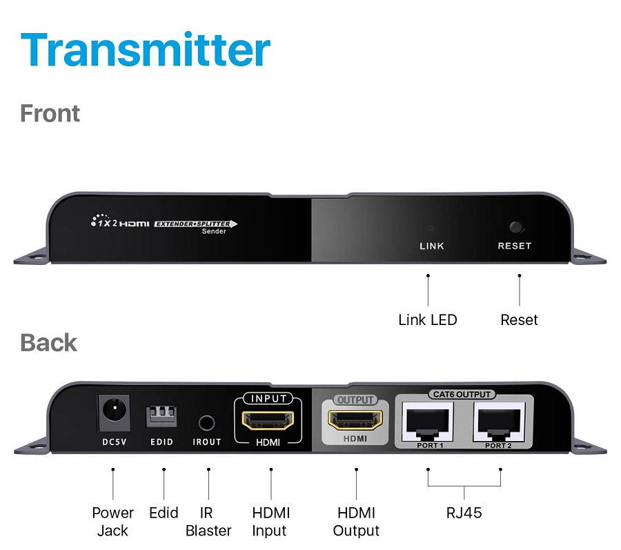 1 In 2 Out, LKV712Pro HDMI Extender 1080P@60HZ 1x2 Splitter Device Over CAT6/6A/7/8 Cable, Transmission up to 40m/131ft with Loop-Out Local Display,Support IR Remote Control,EDID Function