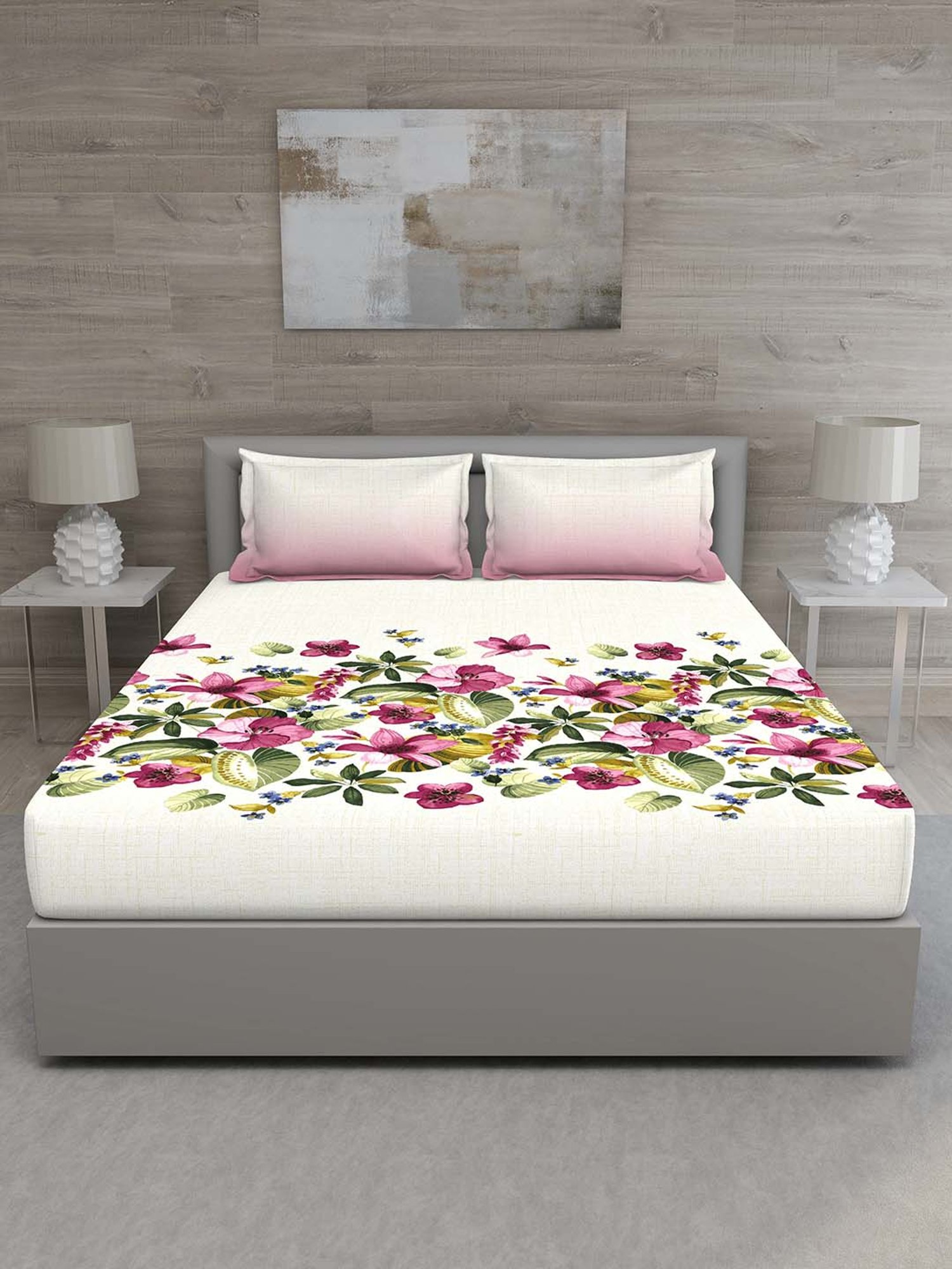 GM Off-White & Pink 100% Cotton 144 TC Queen Bedsheet Set