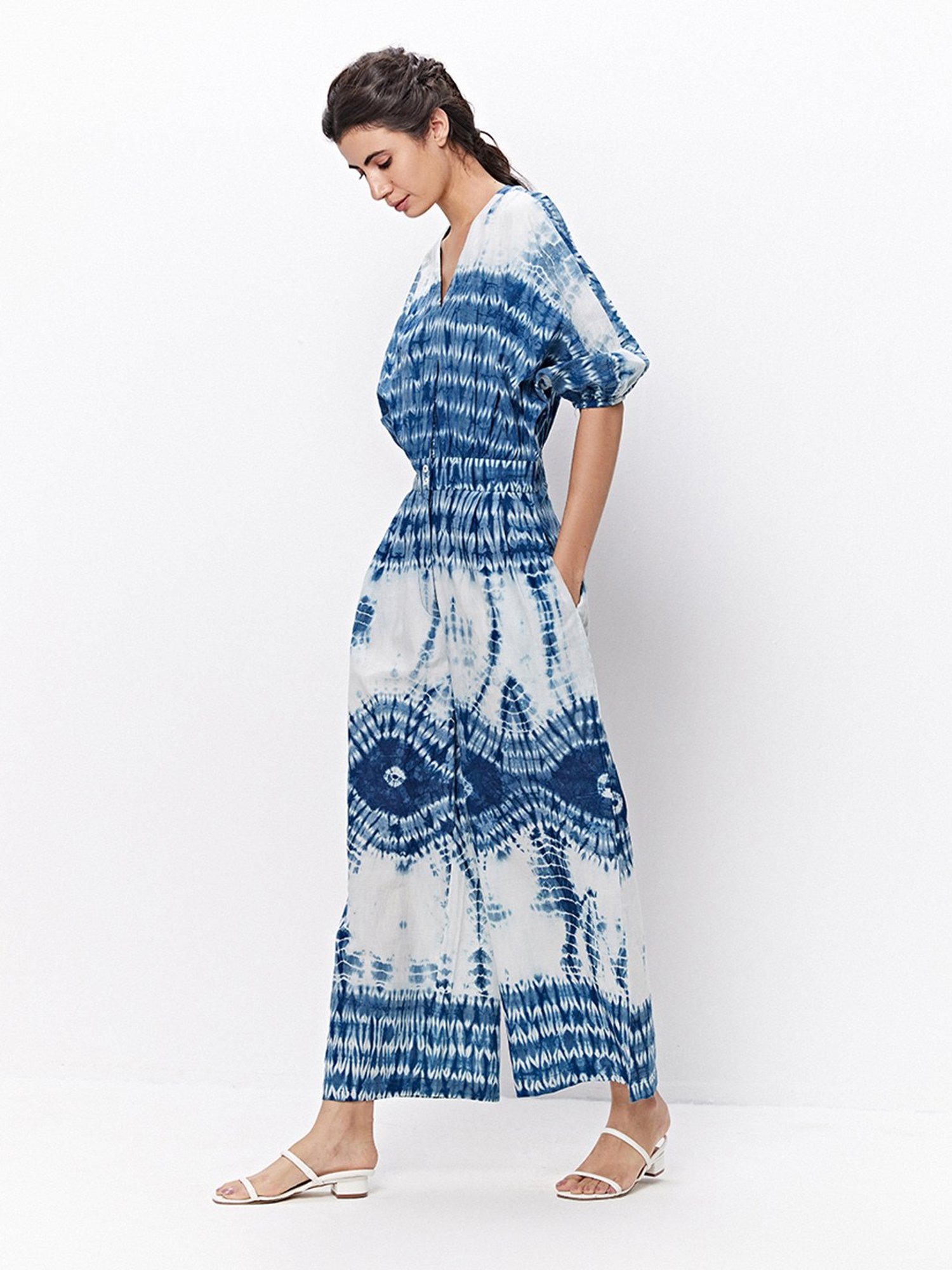 Ancestry Blue & White Cotton Printed Maxi Jumpsuit