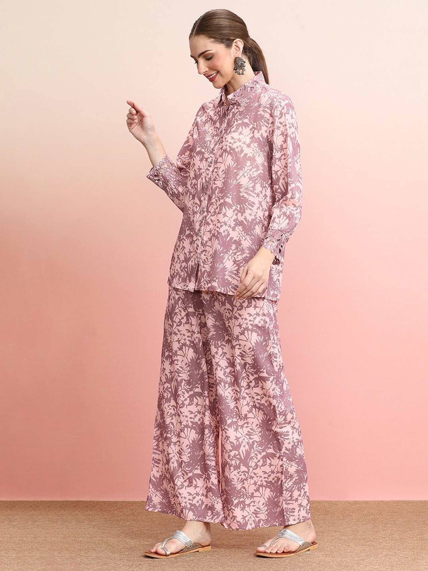 Indo Era Purple Floral Print Shirt Palazzo Set