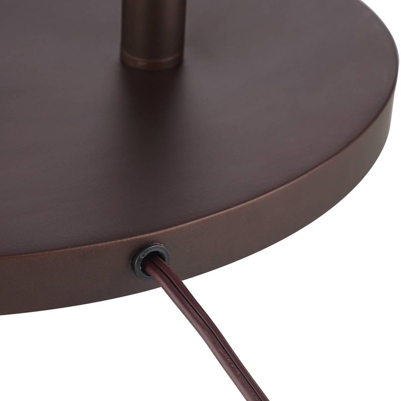 Franklin Iron Works Modern Industrial Floor Lamp with Table and USB Bronze Walnut Oval Linen Shade Living Room Bedroom Office