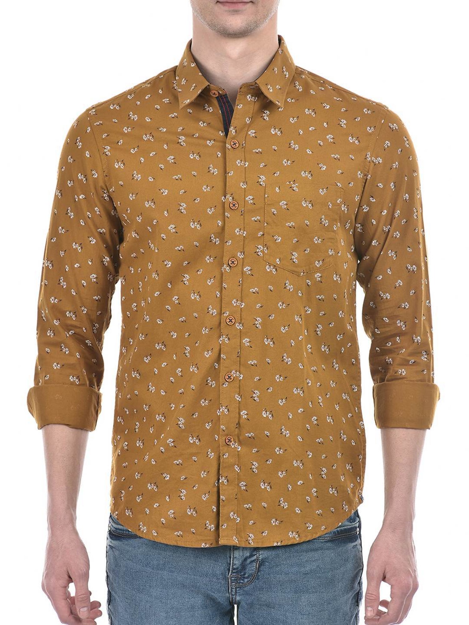 Numero Uno Brown Cotton Slim Fit Printed Shirt