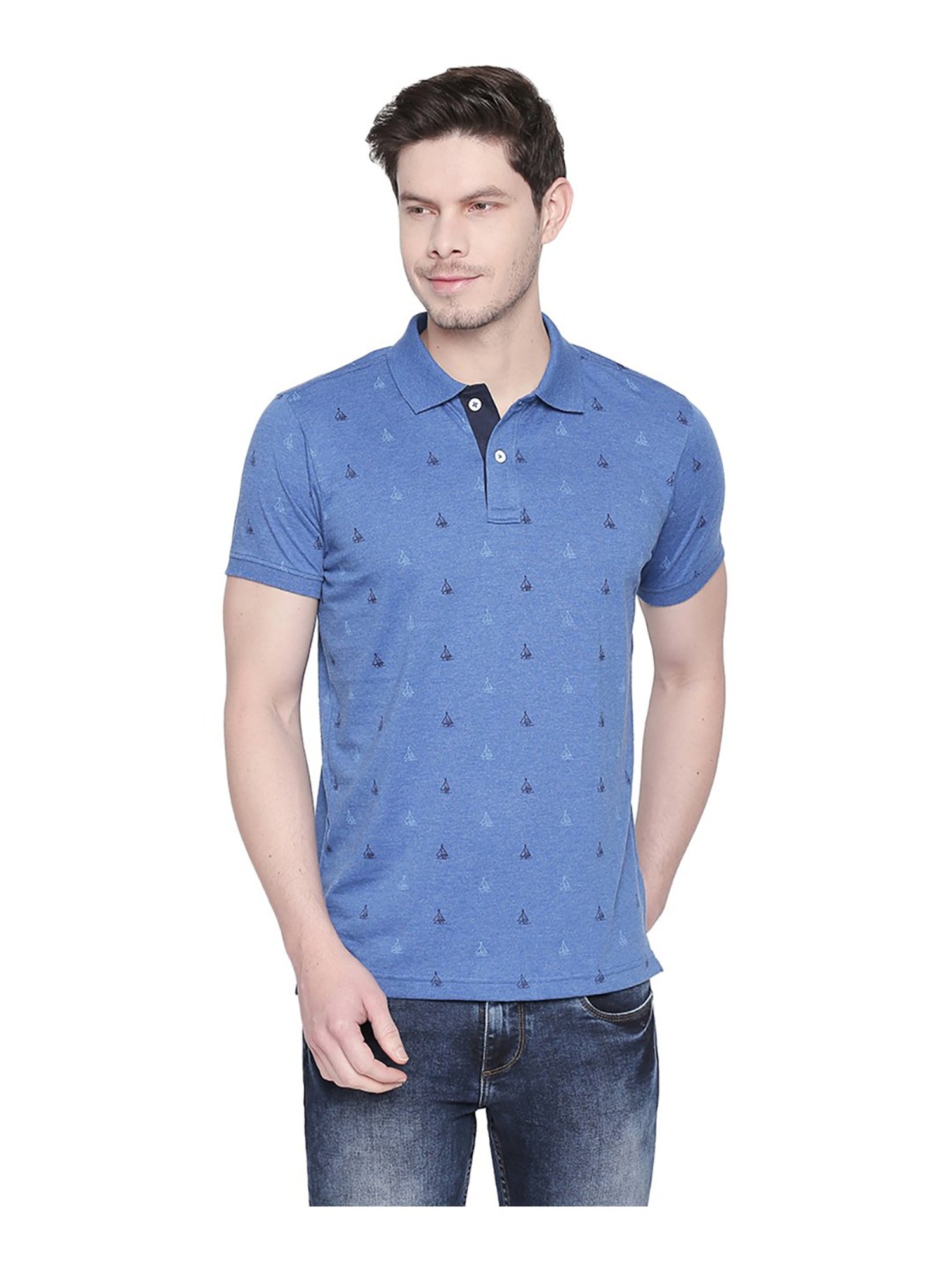 Basics Blue Printed Polo T-Shirt