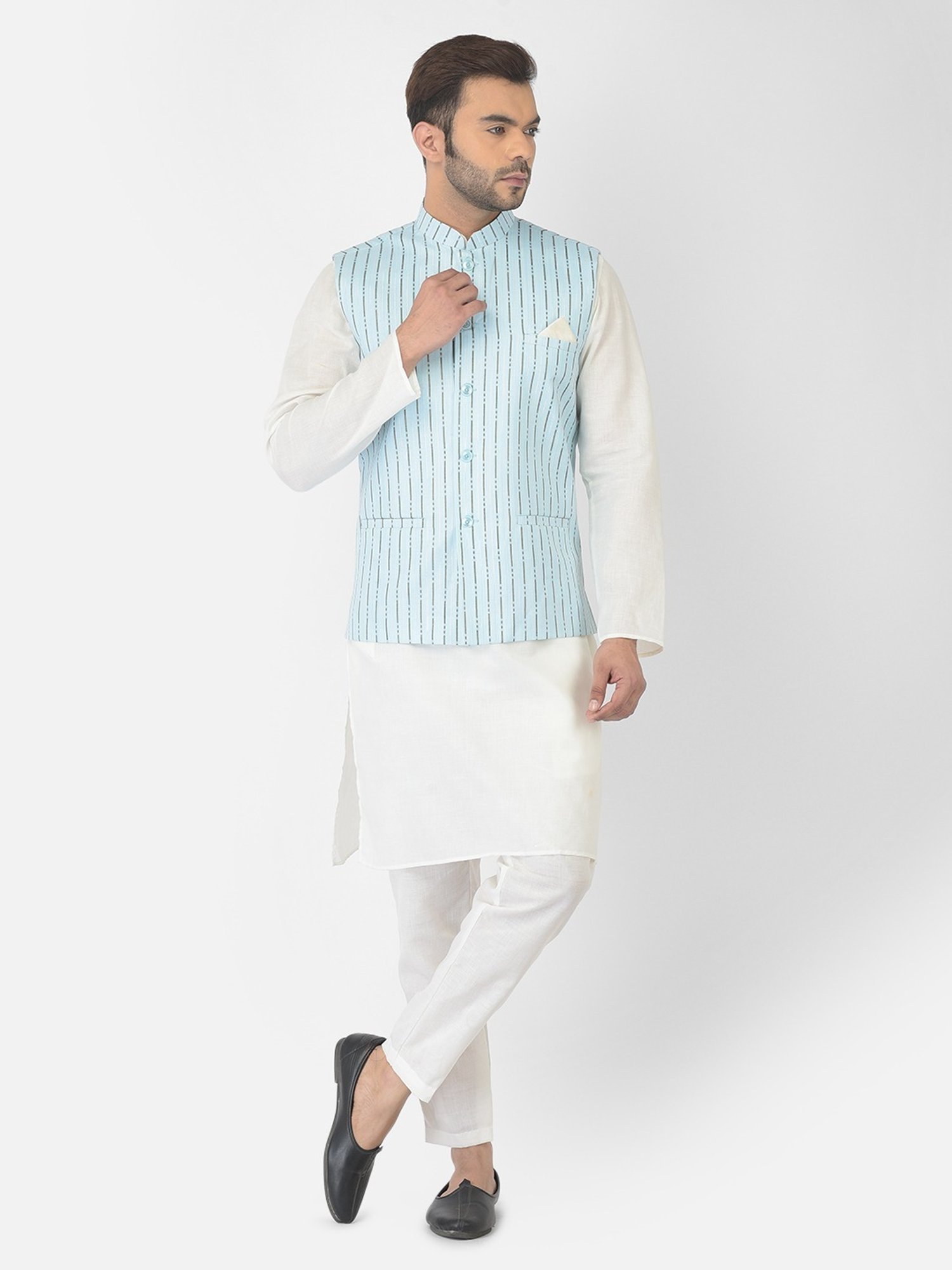 Deyann Blue & White Cotton Regular Fit Striped Kurta Set With Jacket