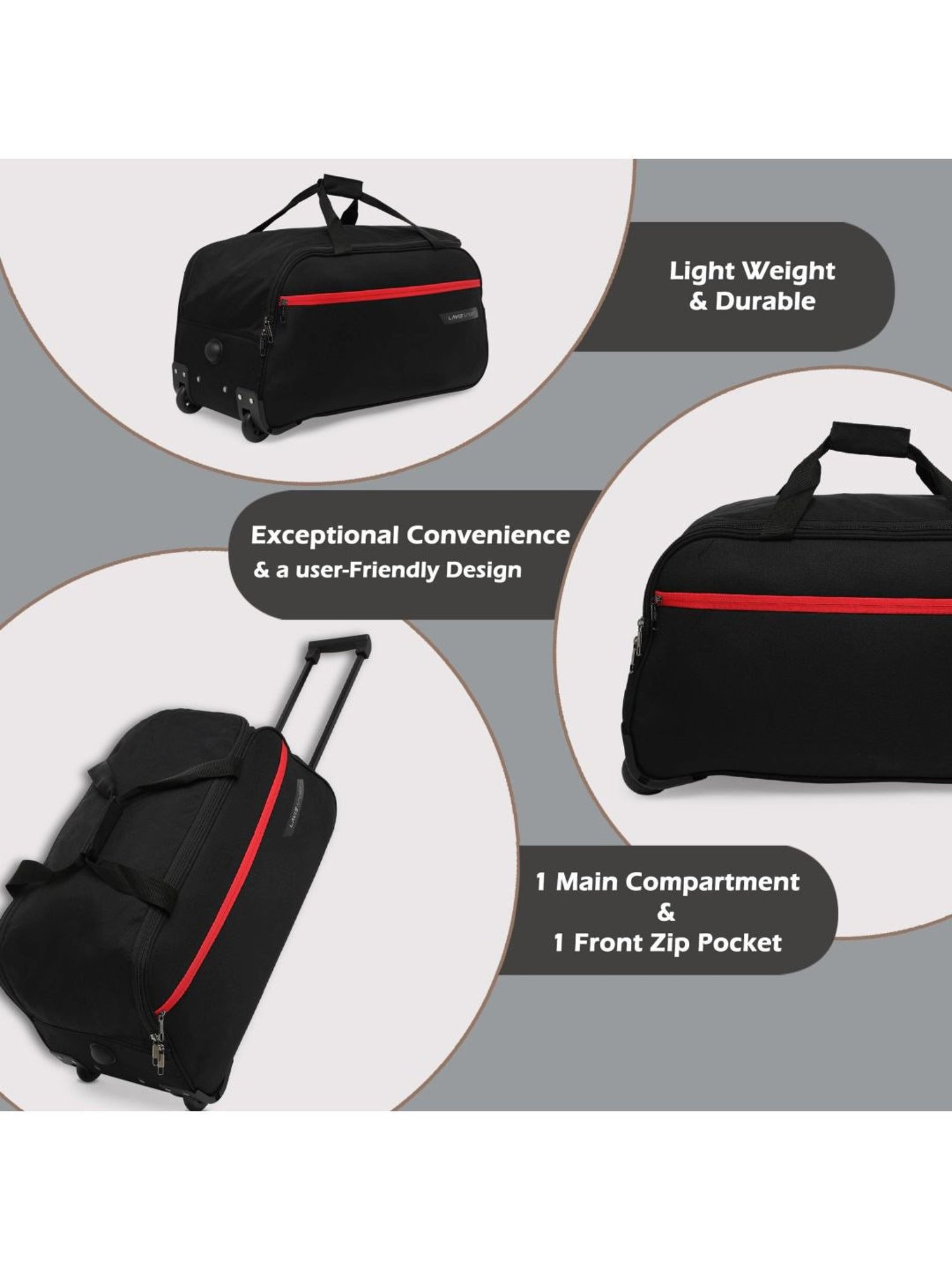 Lavie Sport Large Size 63 Cms Lino Wheel Duffle Bag | (Black)