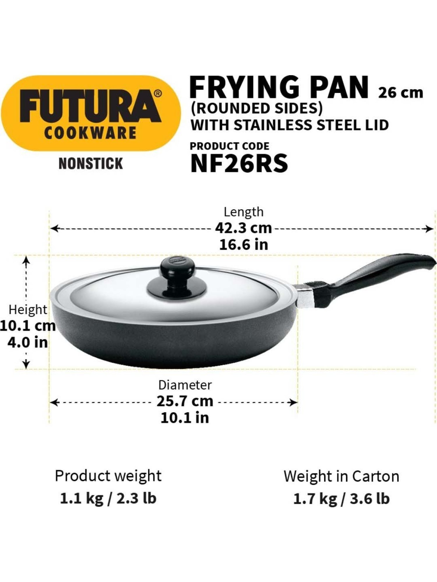 Hawkins Futura Nonstick Frying with Rounded Sides Fry Pan 24 cm diameter with Lid 1 L capacity