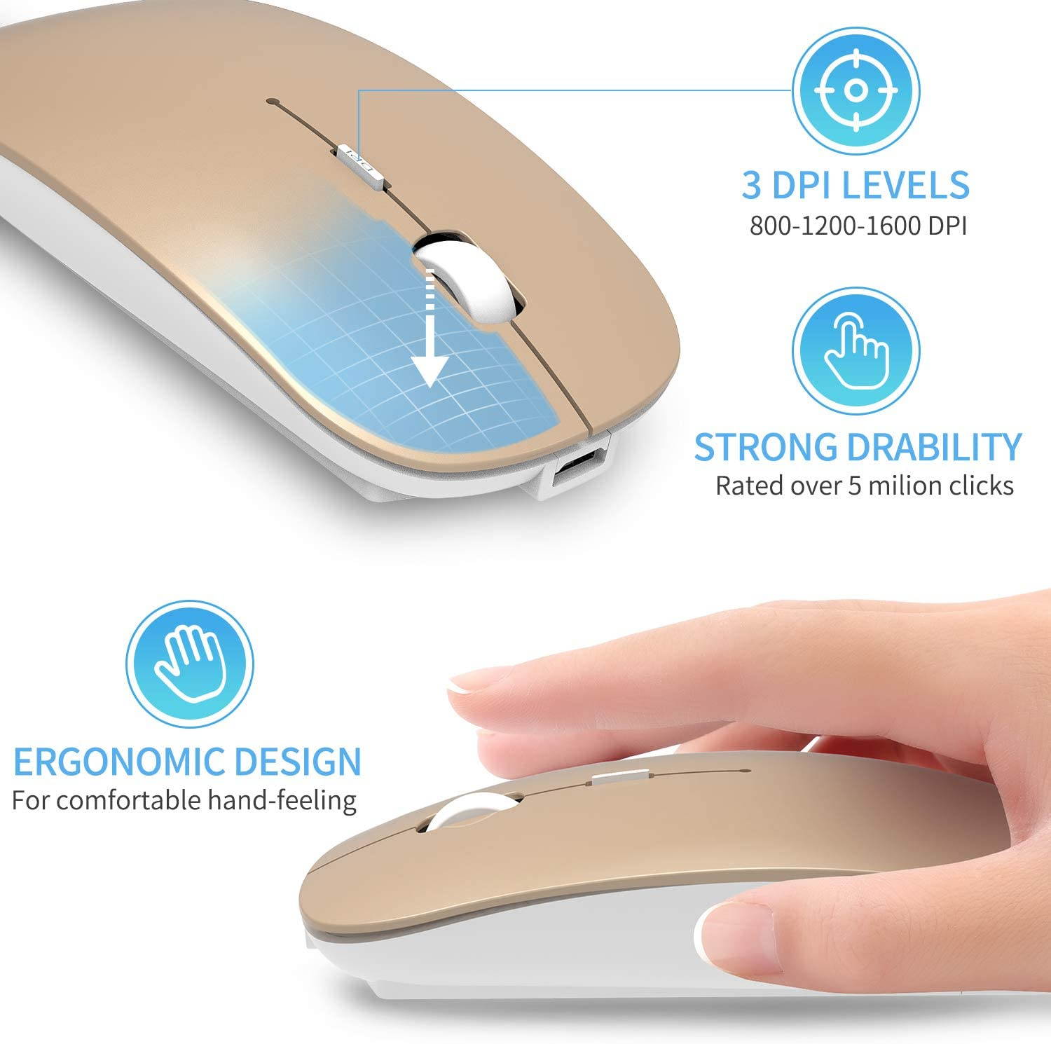 2.4GHz Wireless Bluetooth Mouse, 3 Adjustable DPI, Dual Mode Slim Rechargeable Wireless Mouse Silent USB Mice,Compatible for Laptop Windows Mac Android MAC PC Computer (Silver)