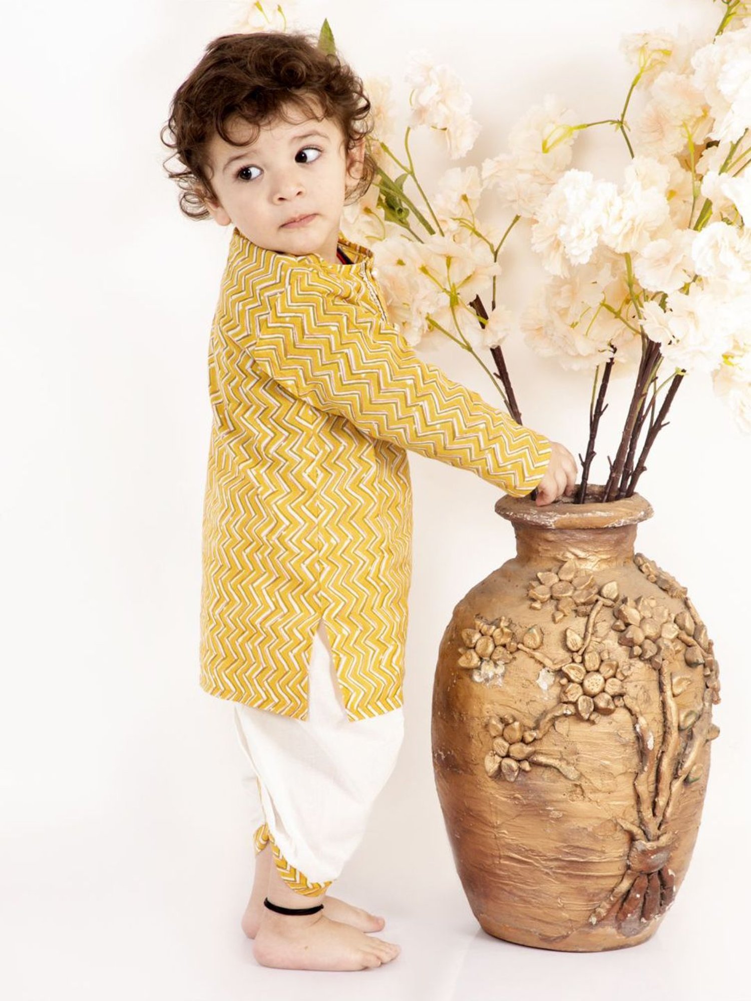 Little Bansi Kids Yellow Cotton Printed Kurta Set