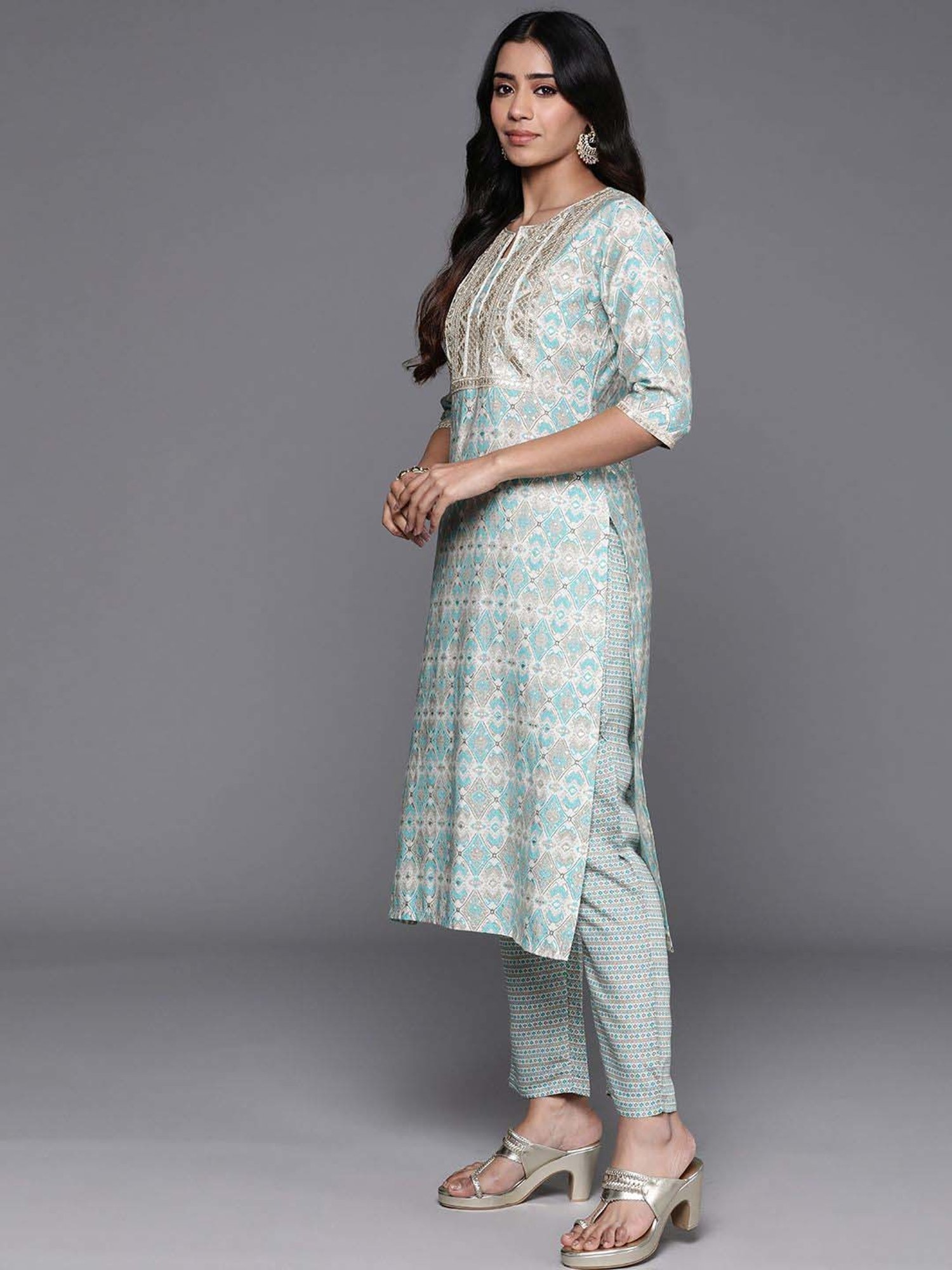Libas Blue Embroidered Kurta Pant Set With Dupatta