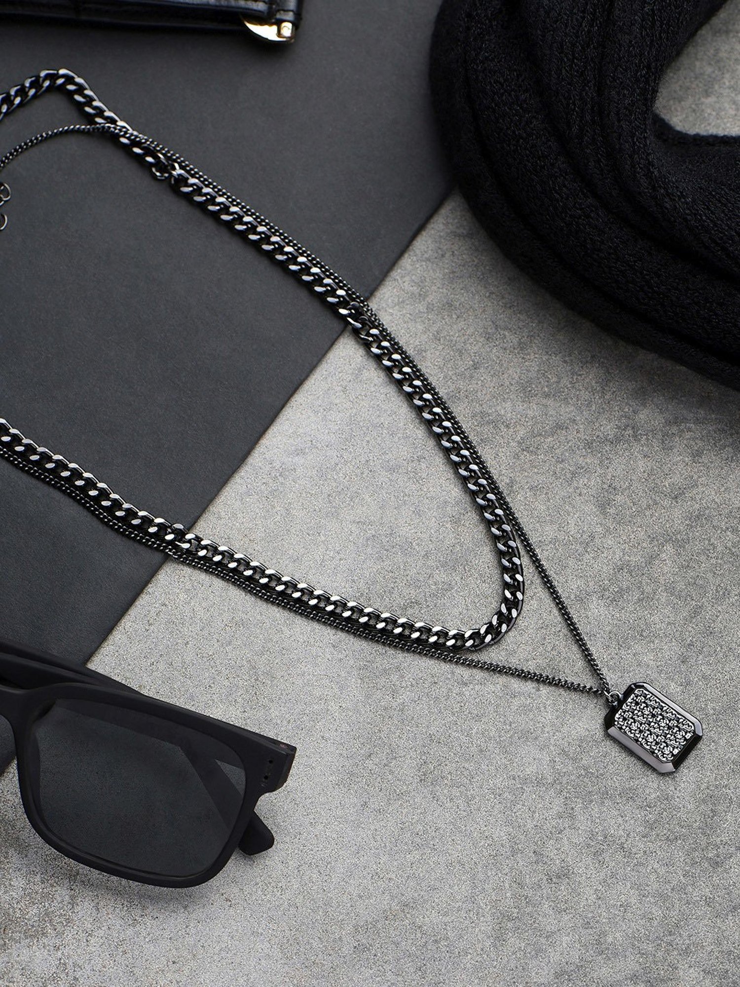 The Bro Code Metal Geometric Fusion Black Necklace for Men - Set of 2