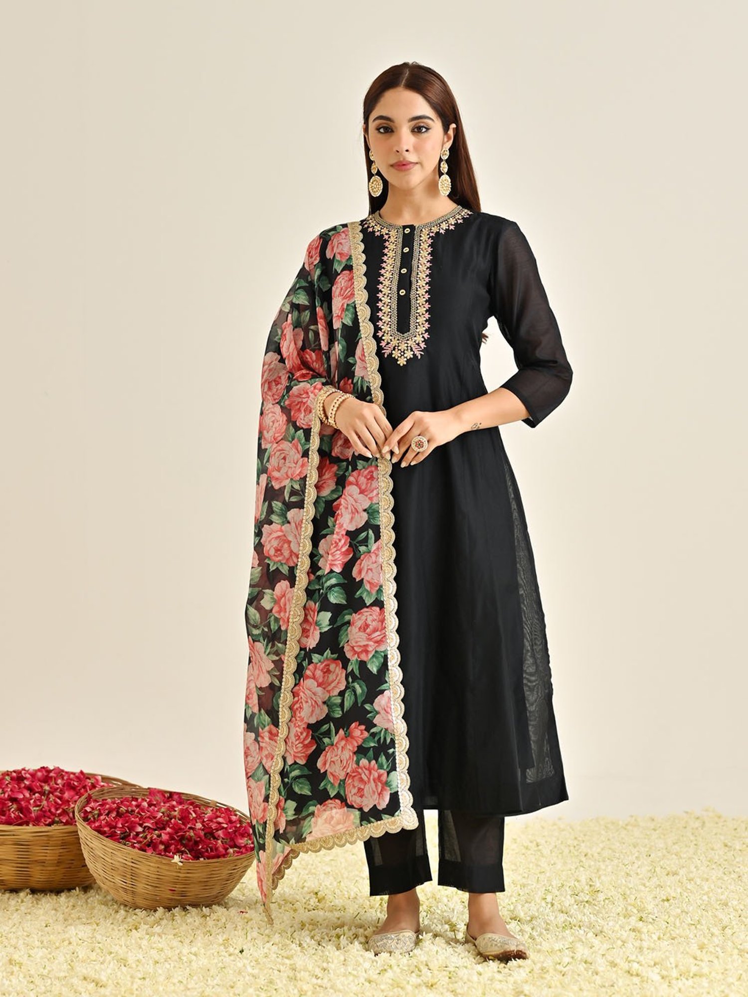 Rustorange Black Embroidered Kurta With Pant & Dupatta