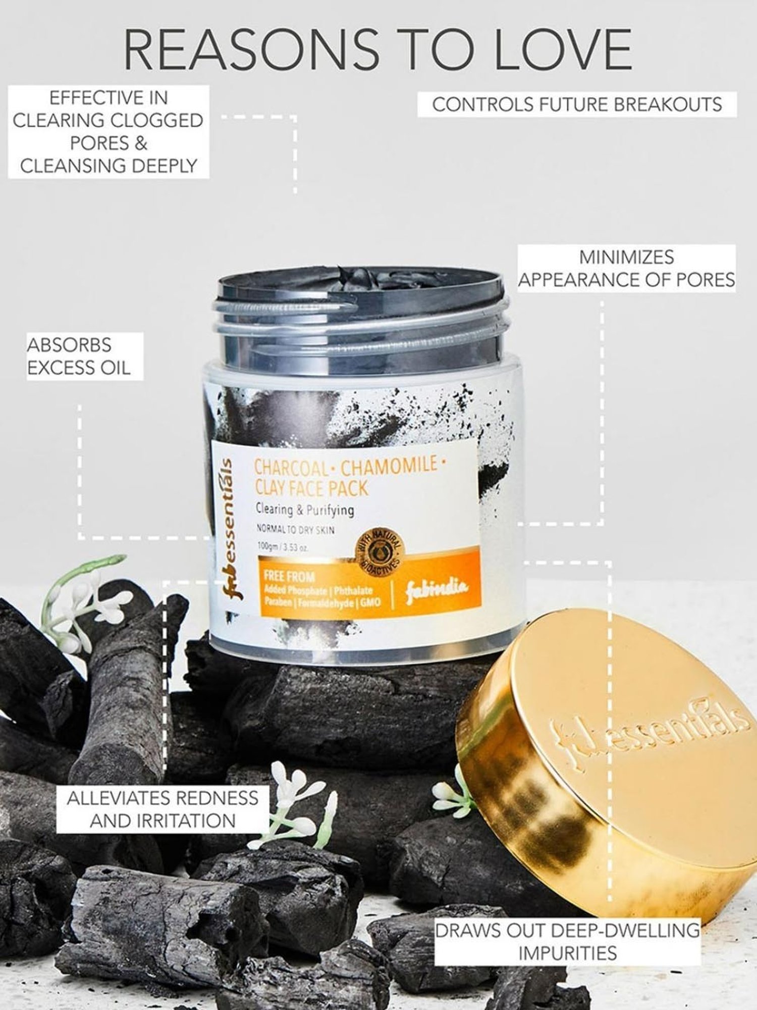 Fabessentials Charcoal, Chamomile & Clay Face Pack - 100 gm