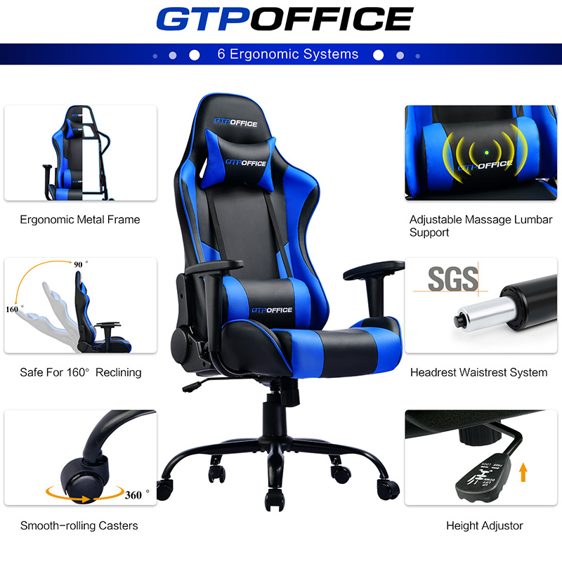 GTRACING Gaming Chair Massage Office Computer GTPOFFICE Series Racing Chair for Adult Reclining Adjustable Swivel Leather Chair High Back Desk Chair Headrest and Massage Lumbar Support Cushion