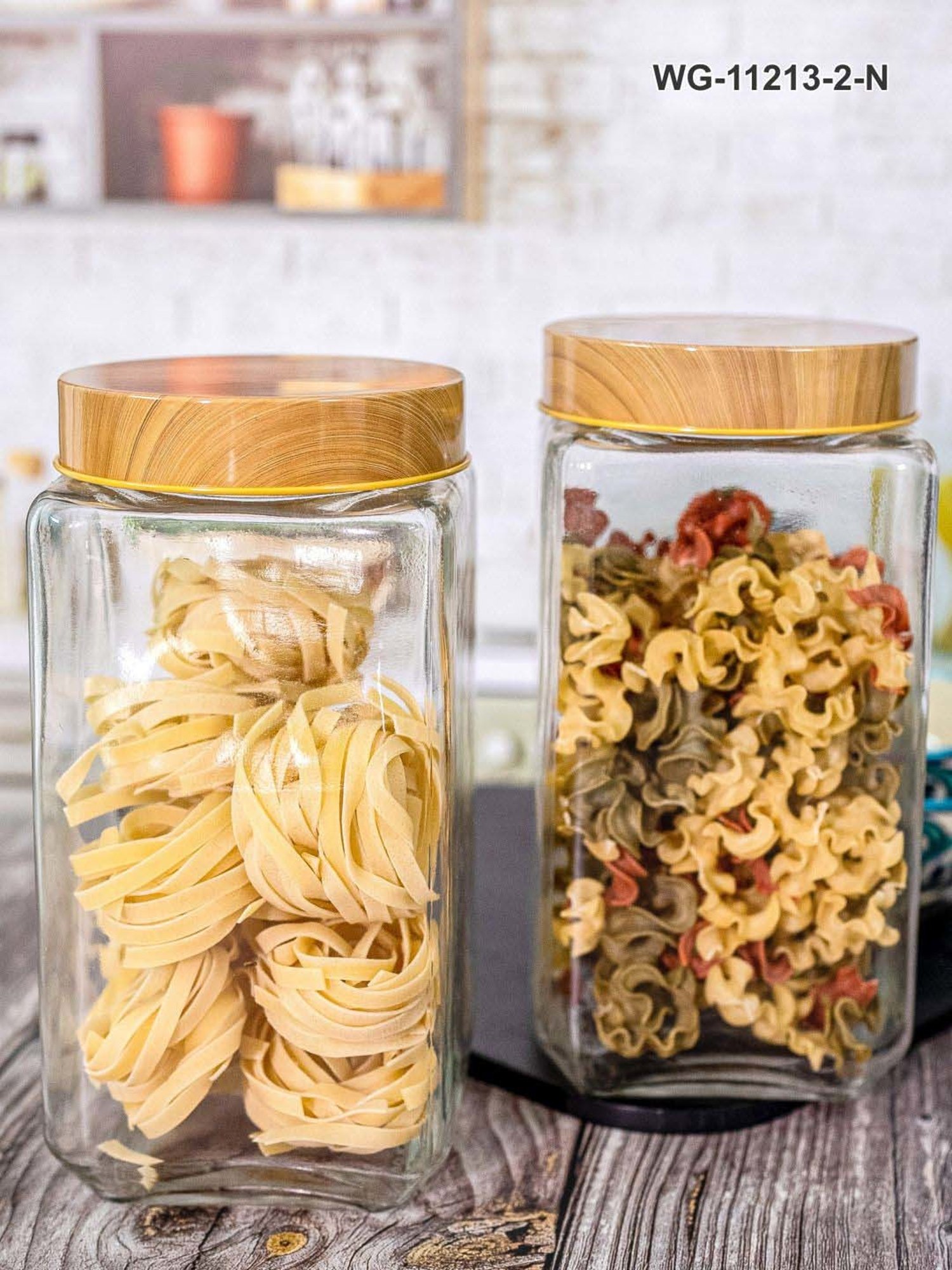 White Gold Transparent & Brown Glass Airtight Canister Jars With Bamboo Lid (2.25 L) - Set of 2