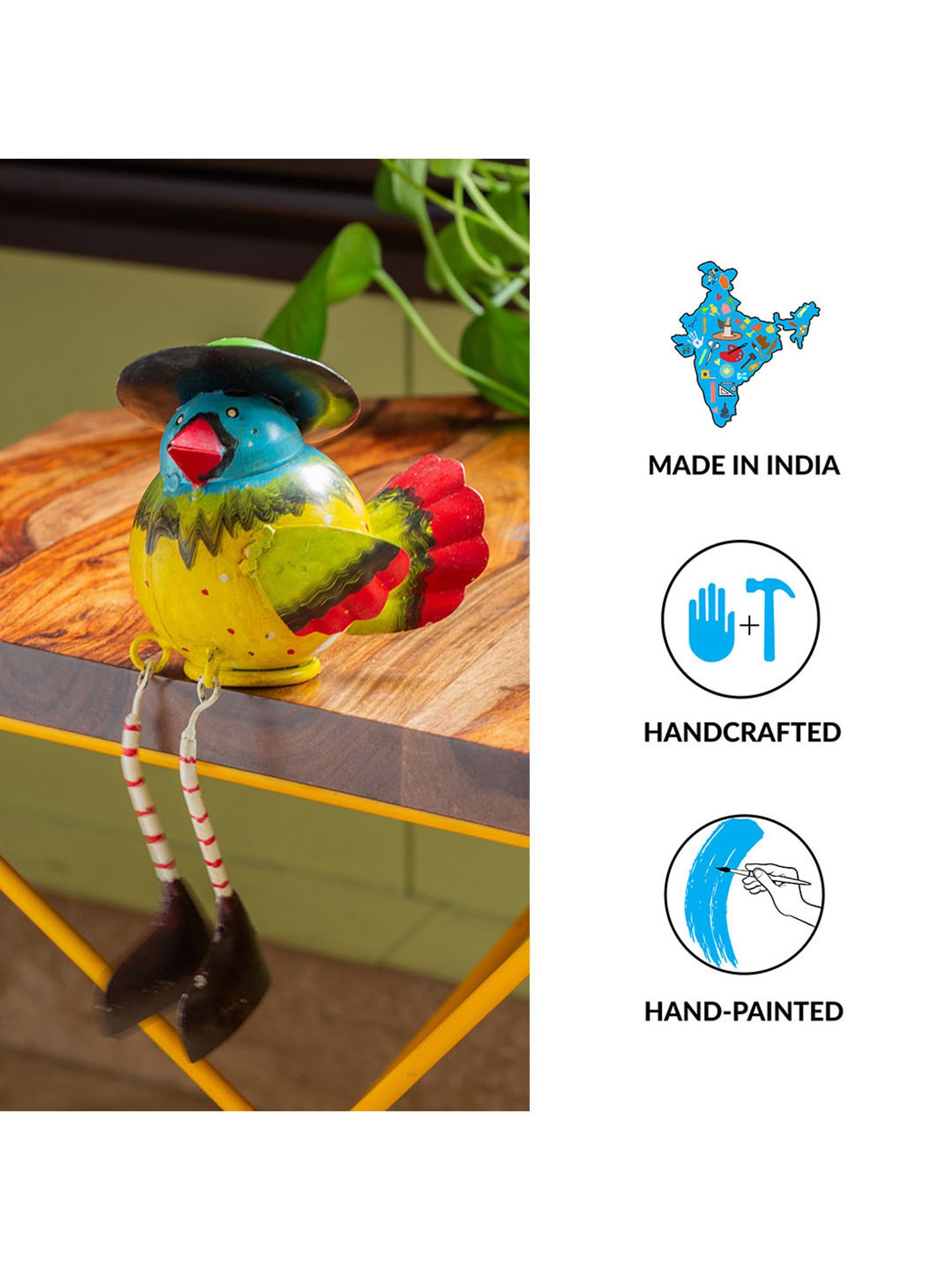 ExclusiveLane Yellow and Sky Blue Sheet Metal Mr. Sparrow Garden Showpiece - Set of 1