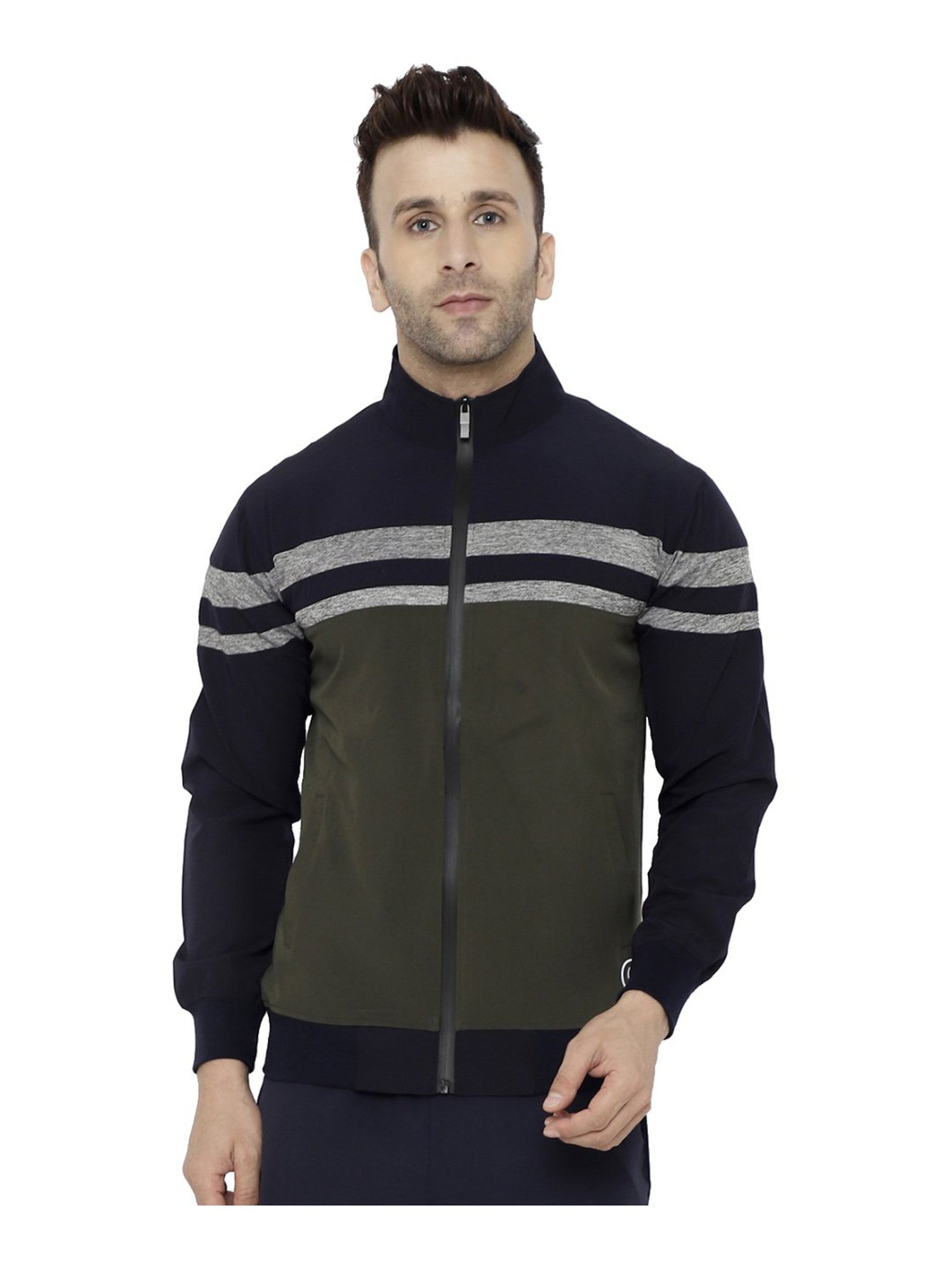 Chkokko Navy & Olive Regular Fit Colour Block Sports Jacket