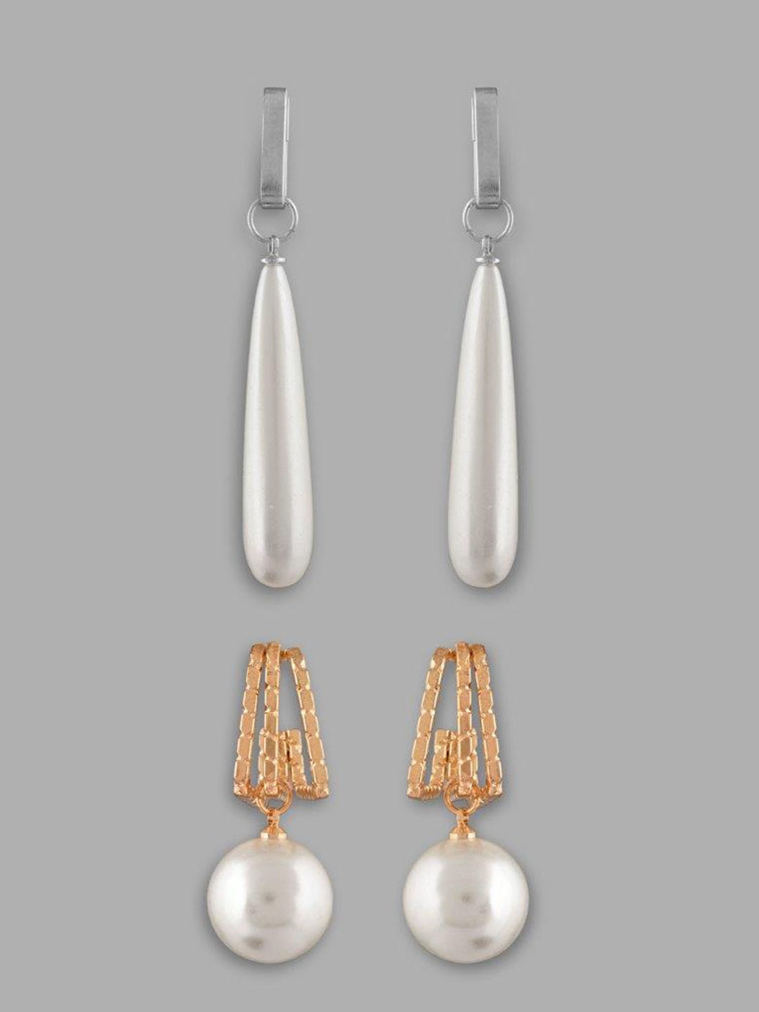 VOJ Set of 2 Korean Drop Earrings - Gold Plated and Silver Plated with White Pearl for Women