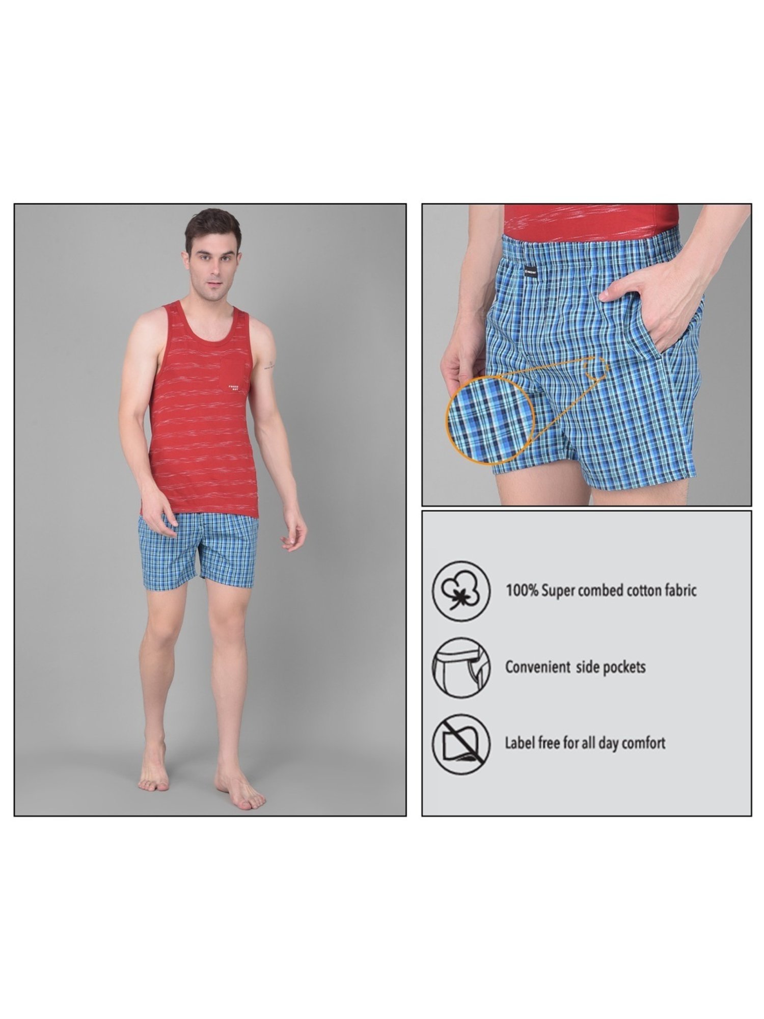 Force NXT Blue Cotton Regular Fit Checks Boxers