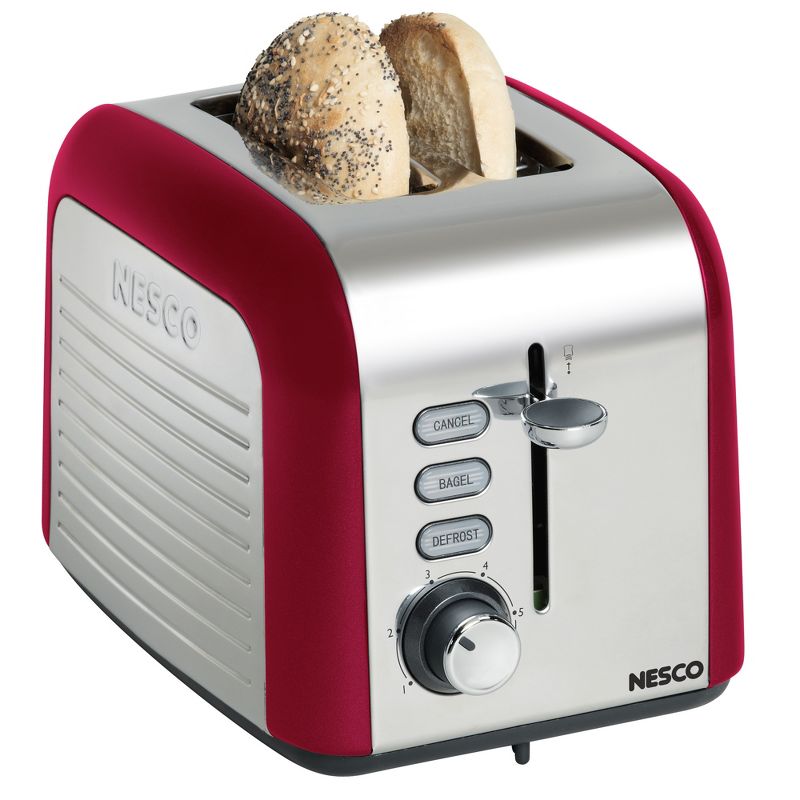 Nesco T1000-12 2 Slice Kitchen Extra Wide Slot Bread Frozen Bagel Toaster with Crumb Tray, Red