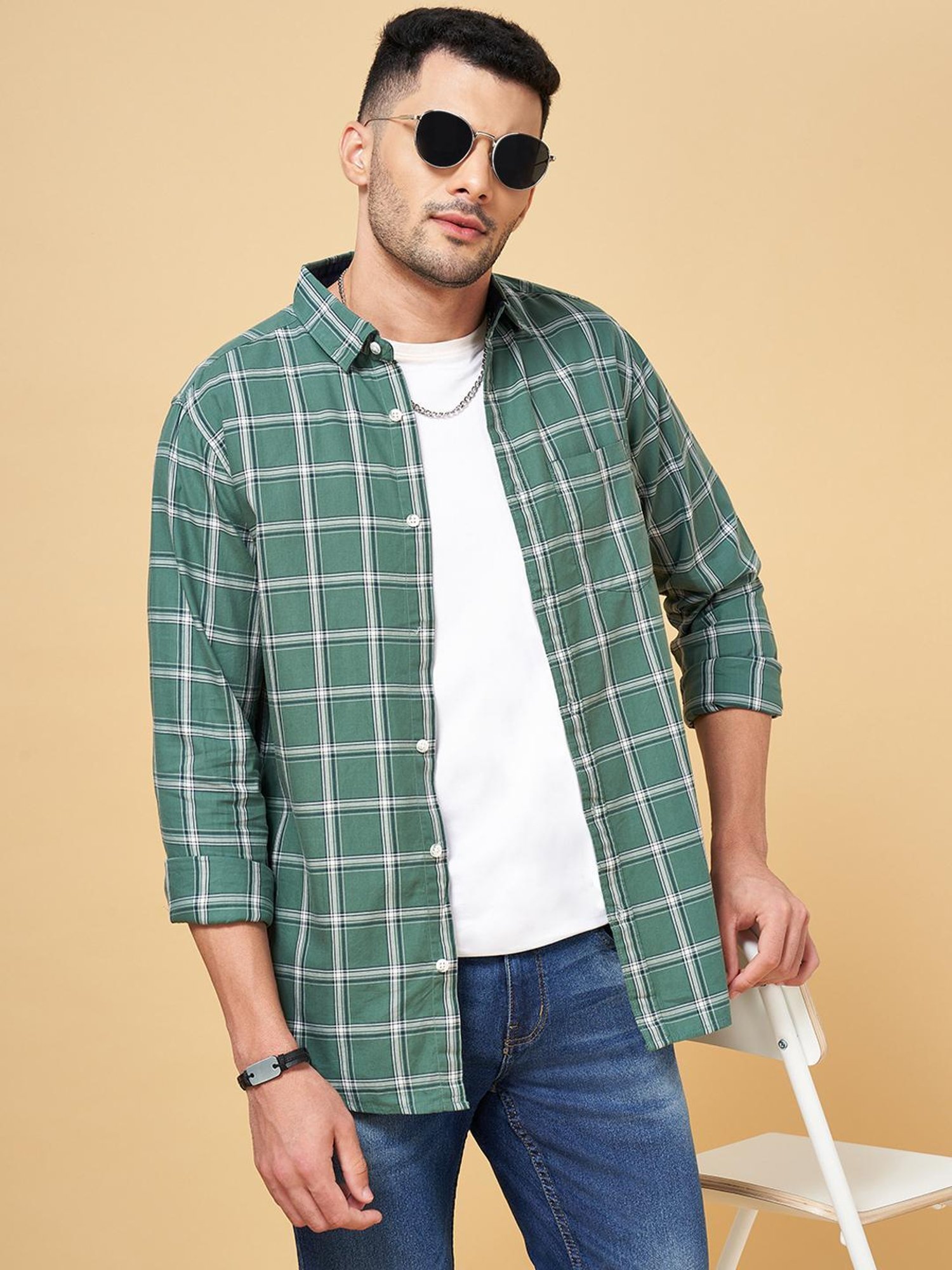 YU by Pantaloons Dark Green Cotton Slim Fit Checks Shirt