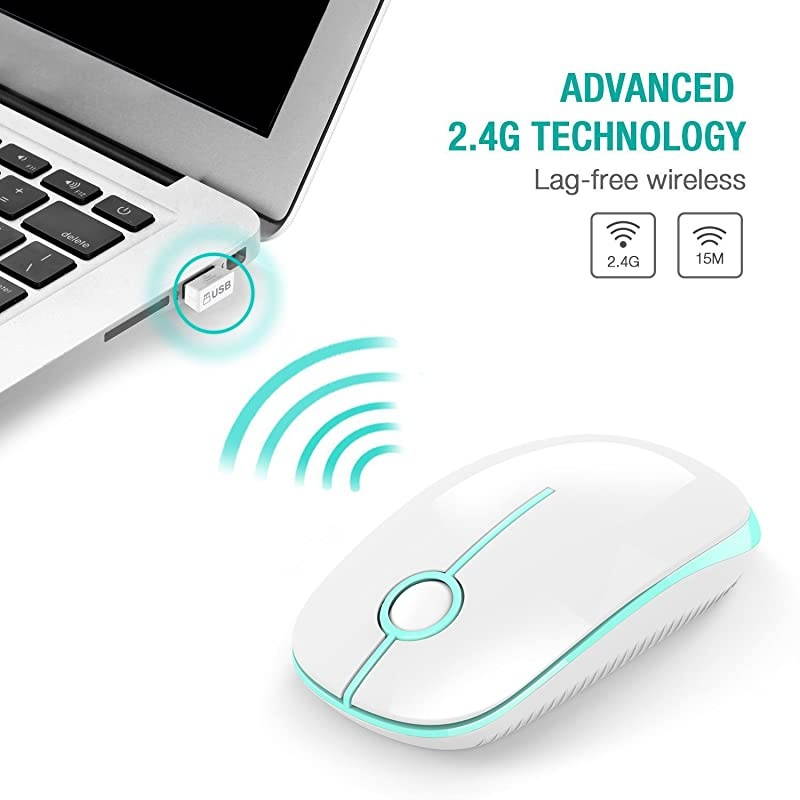 2.4G Slim Wireless Mouse with Nano Receiver, Less Noise, Portable Mobile Optical Mice for Notebook, PC, Laptop, Computer, MacBook MS001 (White and Green)