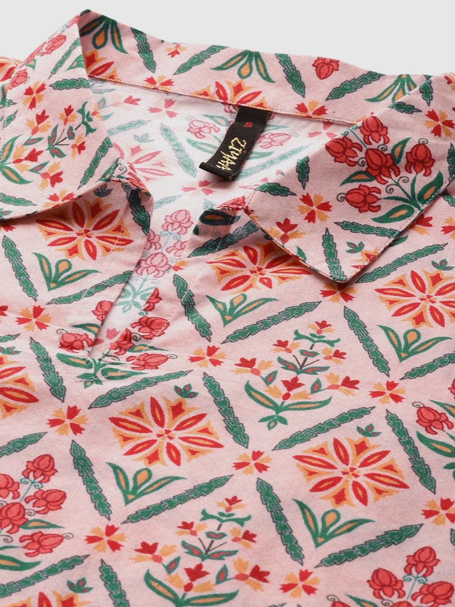 Ziyaa Peach Cotton Floral Print Kaftan Pyjama Set