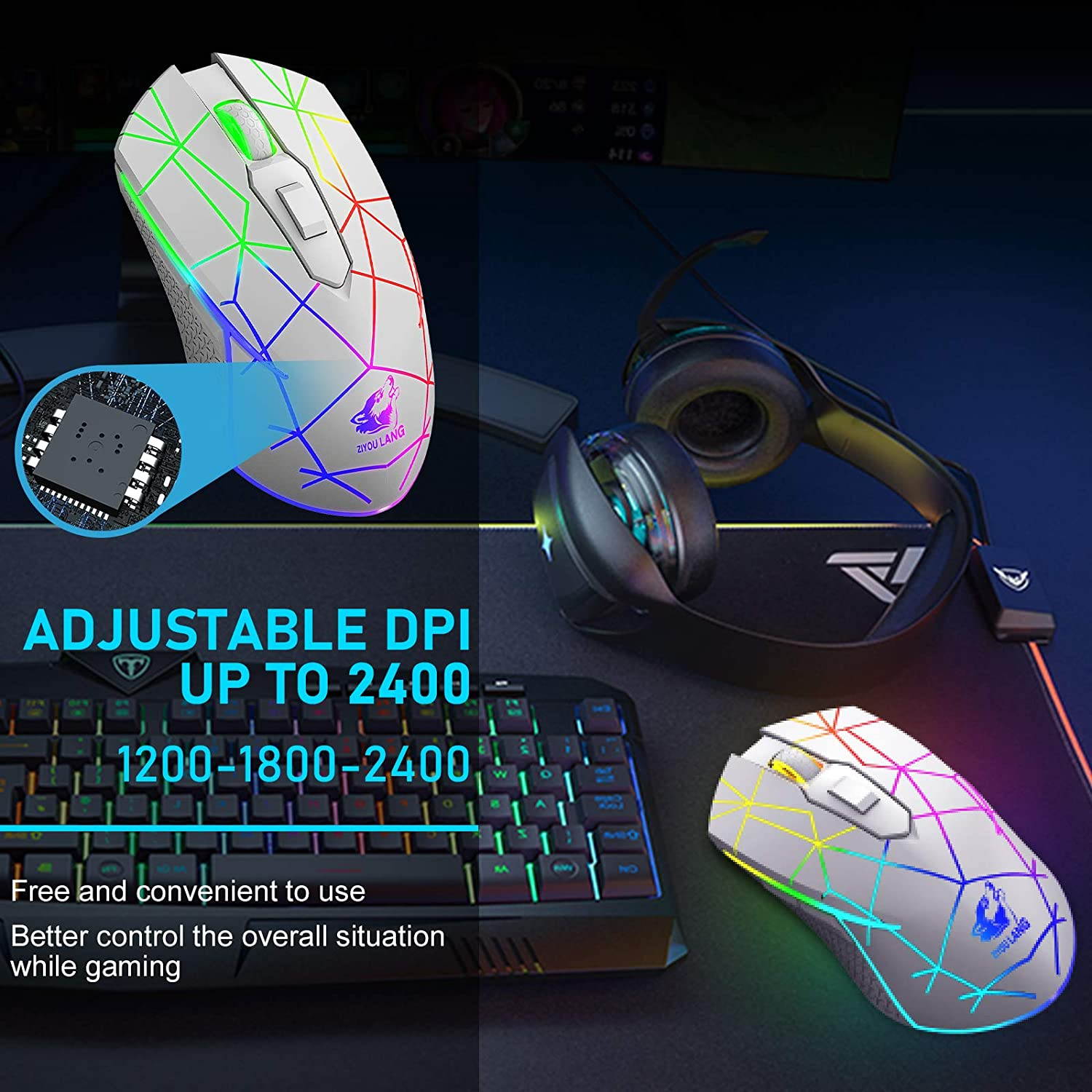 Wireless Gaming Mouse with 2.4Ghz USB Receiver Rainbow RGB Backlight Adjustable DPI Silent Click Rechargeable Ergonomic 6 Buttons Gaming Mouse for Computer Laptop PC Mac Gamer Office Use